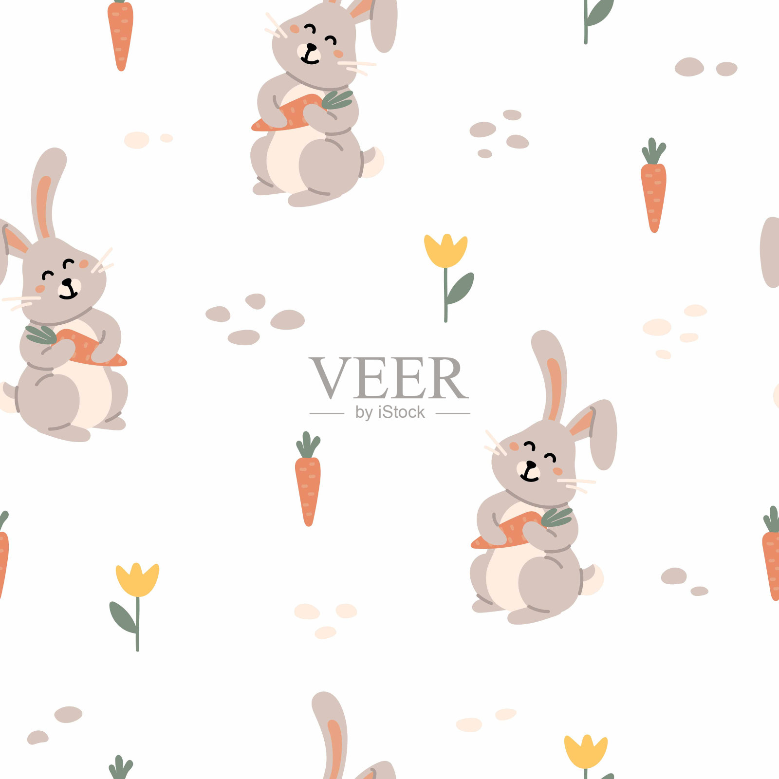 可爱的卡通兔子与胡萝卜，无缝的图案。春天,复活节。创意儿童斯堪的纳维亚风格的纹理与兔子，胡萝卜，花插画图片素材