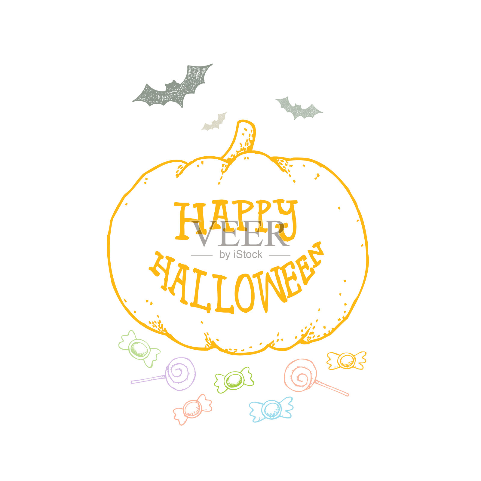 一套万圣节手绘矢量插图与南瓜，蝙蝠，糖果，快乐的万圣节文字卡通风格插画图片素材