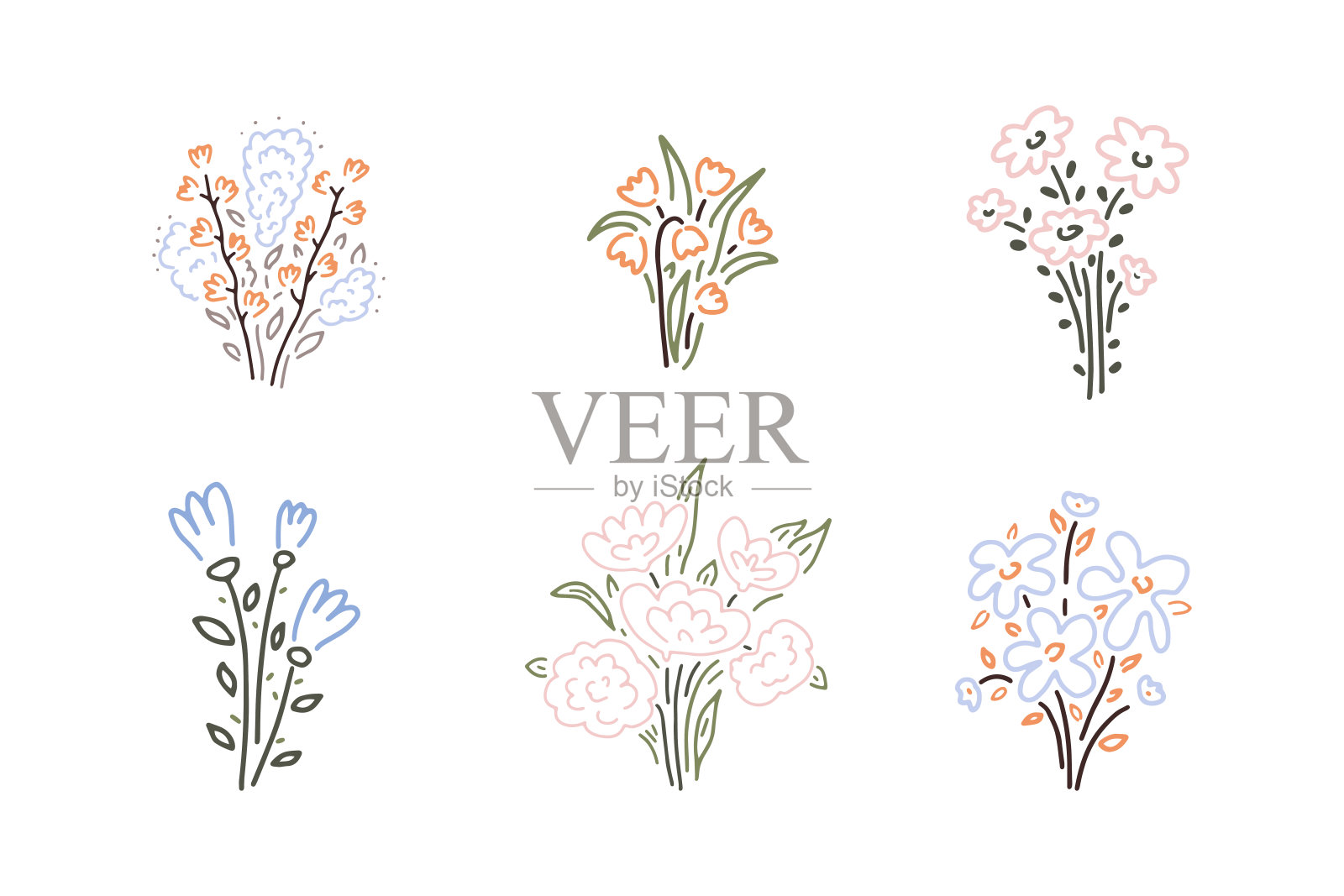 夏季花束设置在涂鸦素描风格插画图片素材