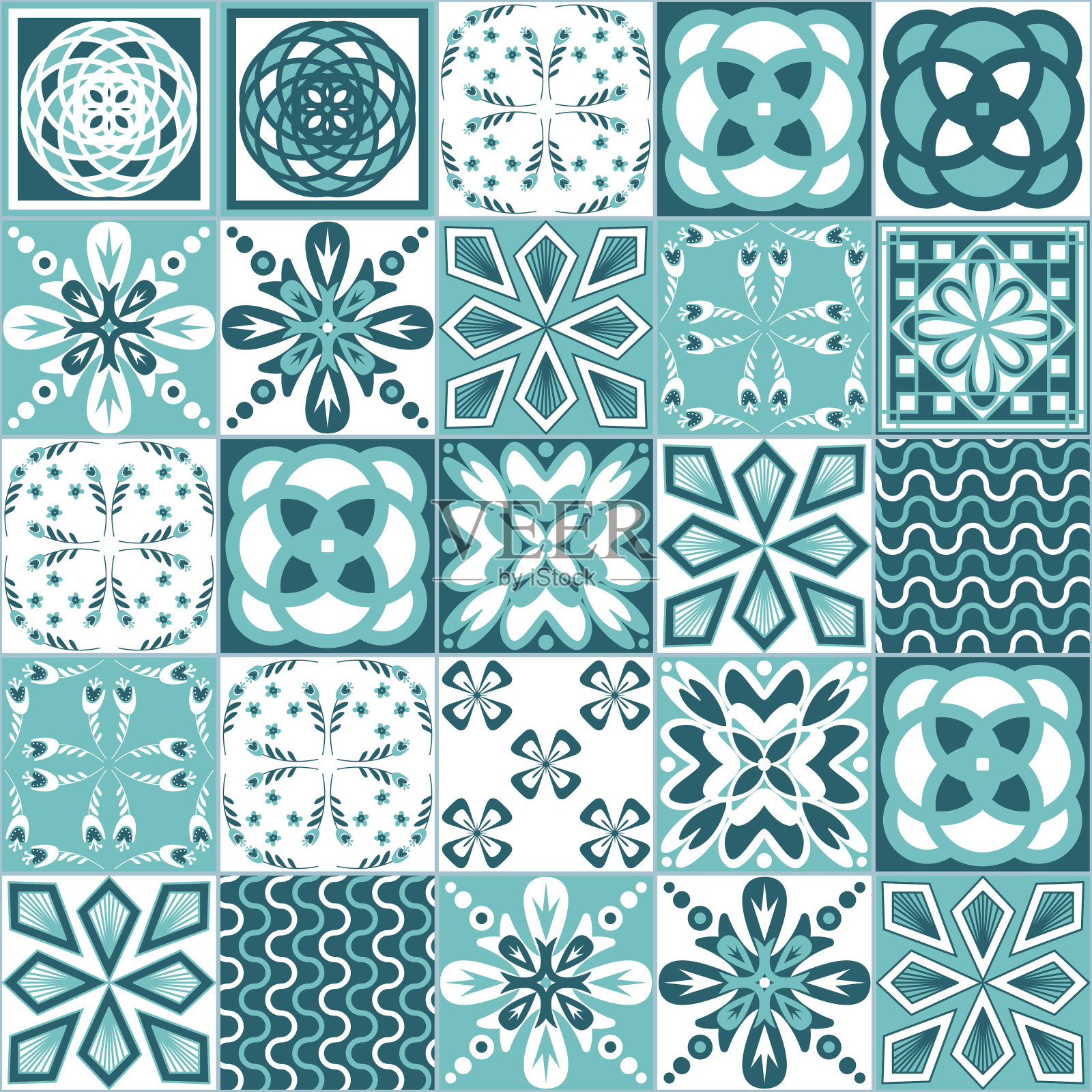 传统葡萄牙瓷砖无缝花纹，绿薄荷白色，方形几何图案用于浴室和厨房的墙面装饰插画图片素材