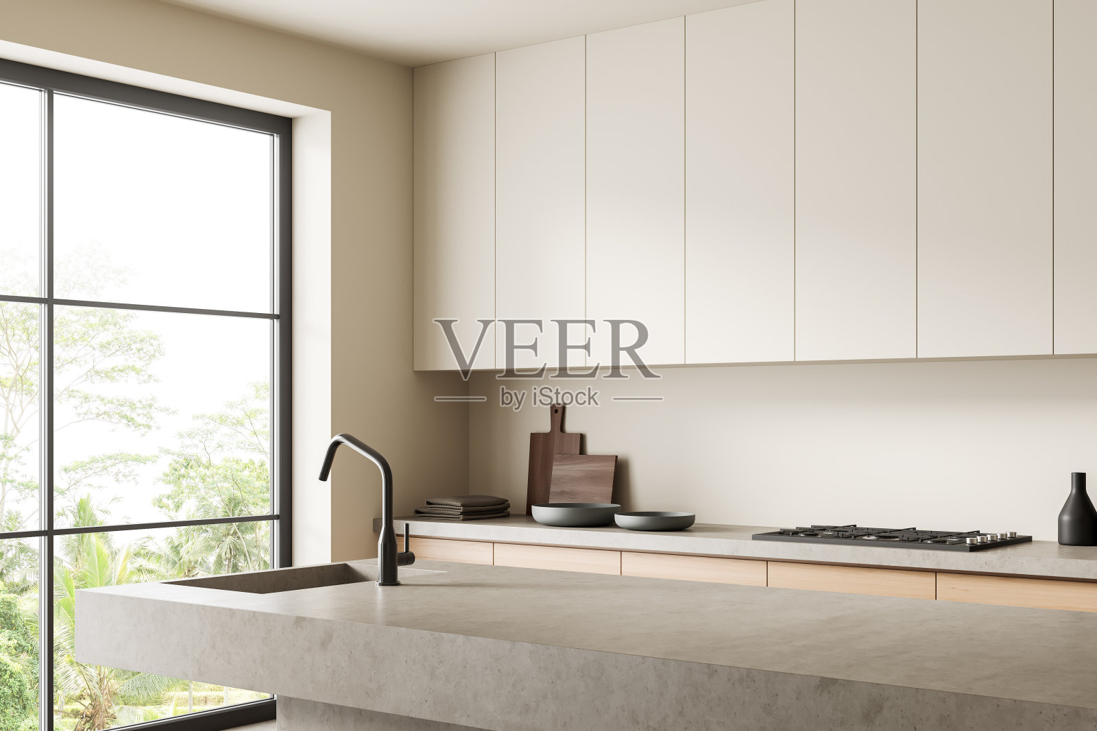 厨房内部配有水槽和炉灶，甲板上有厨房用具照片摄影图片