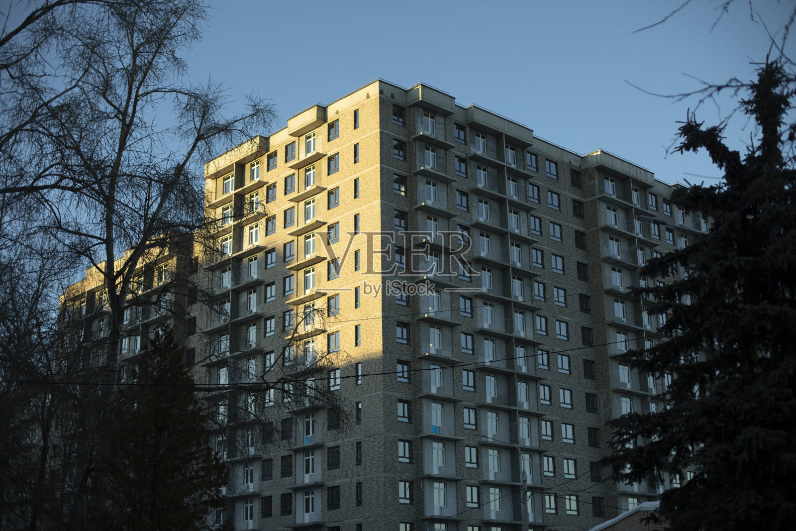 城市里的新建筑。建筑在树林中。农村的公寓楼。照片摄影图片