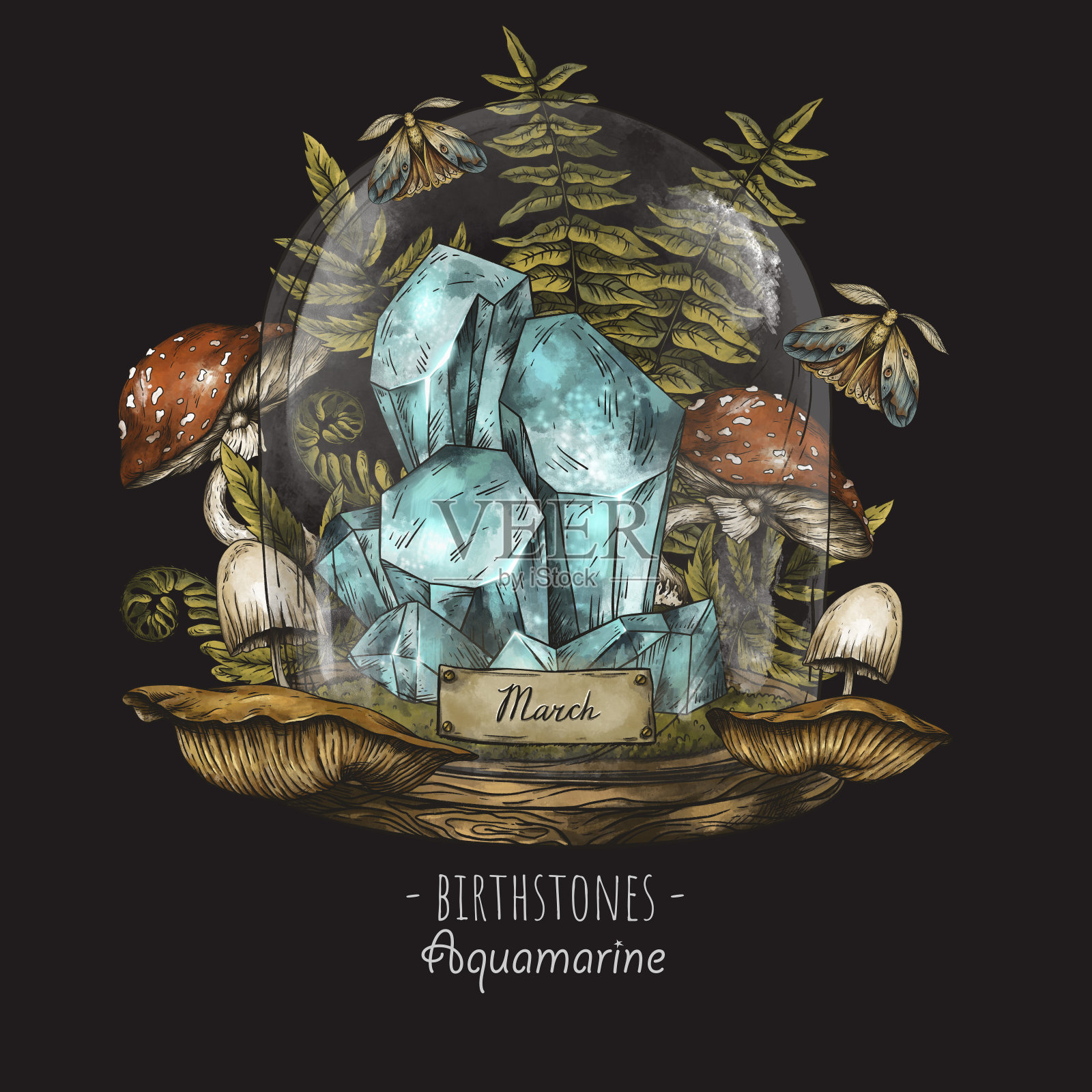复古诞生石，海蓝宝石宝石，三月魔法插图插画图片素材