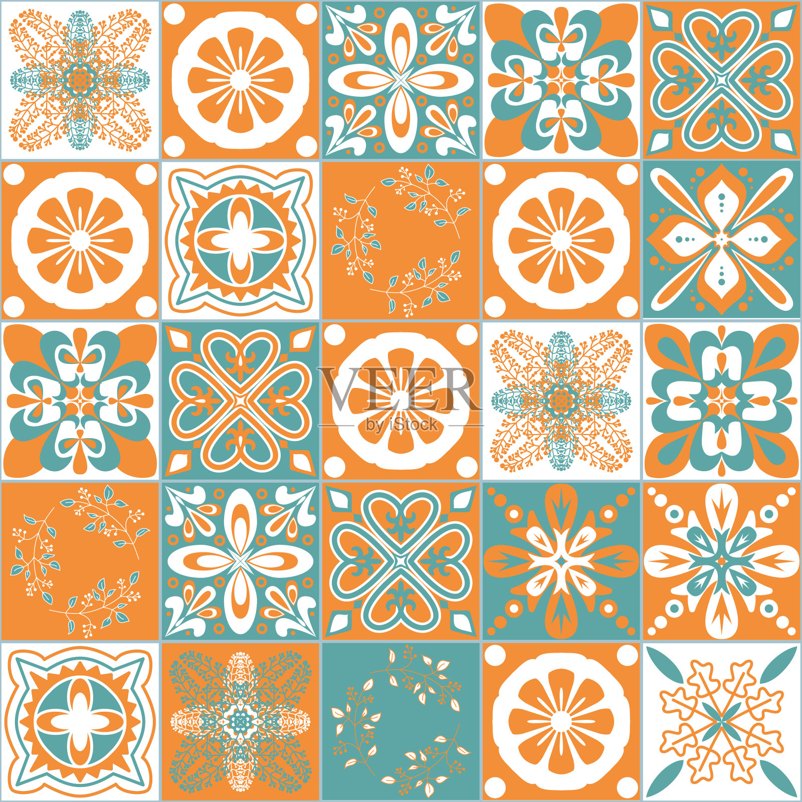 Azulejo talavera瓷砖，摩洛哥阿拉伯绿橙无缝图案矢量插图插画图片素材