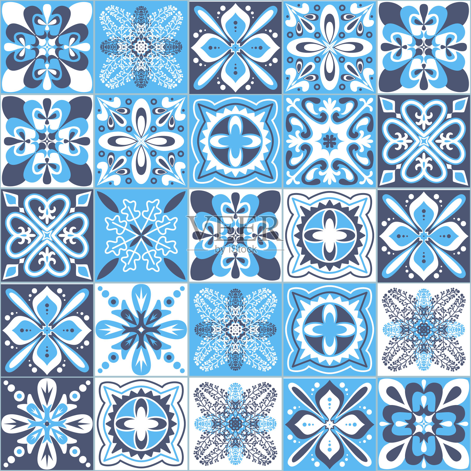 Azulejo majolica瓷砖蓝白色传统有机图案，阿拉伯风格矢量插画插画图片素材