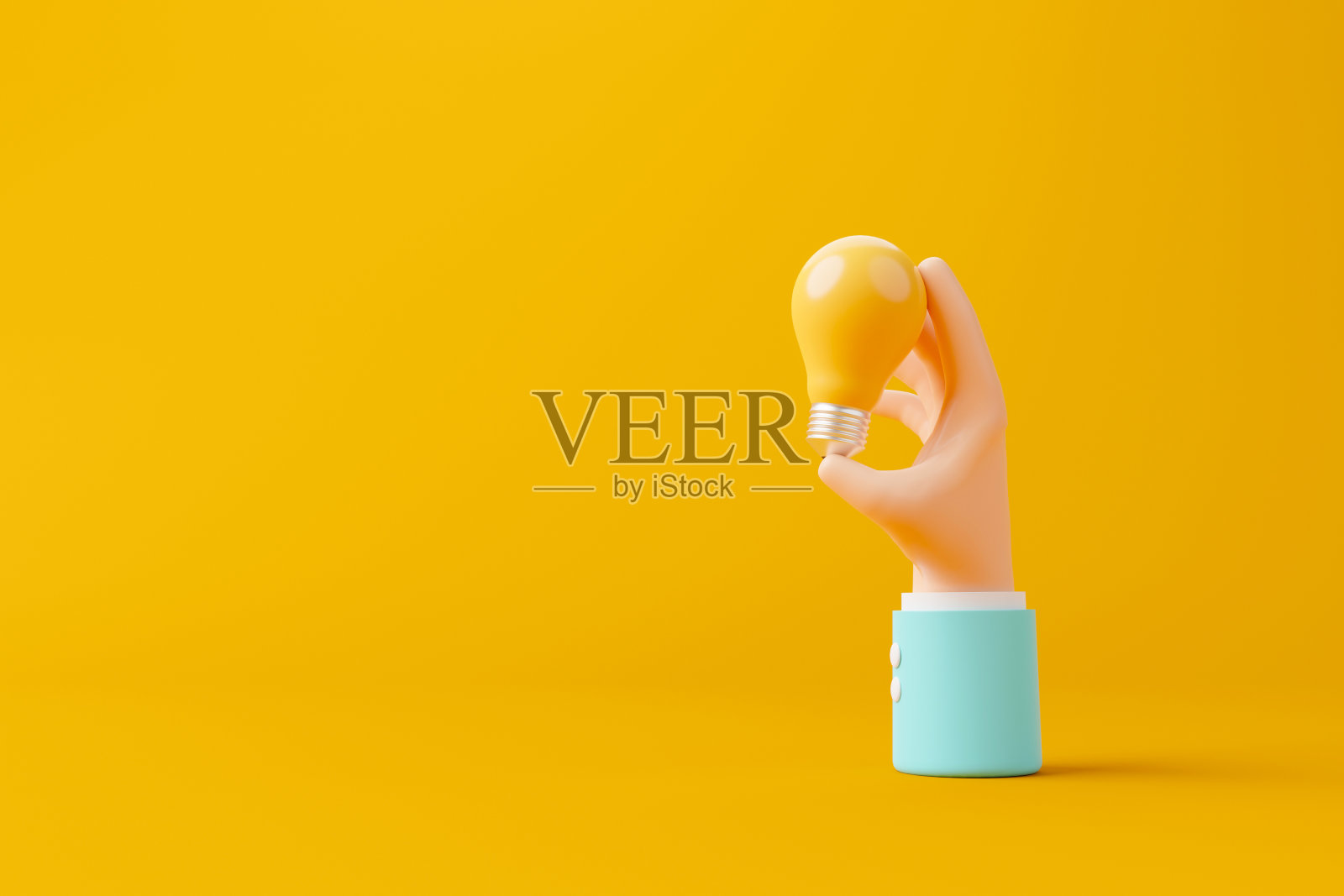 黄色背景上的手握灯泡。思维，创造性思维好想法和创新观念。3 d渲染图照片摄影图片