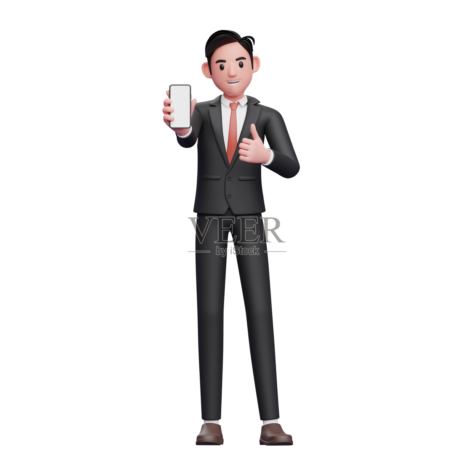 身着黑色正装的3d商人竖起大拇指，展示手机屏幕照片摄影图片