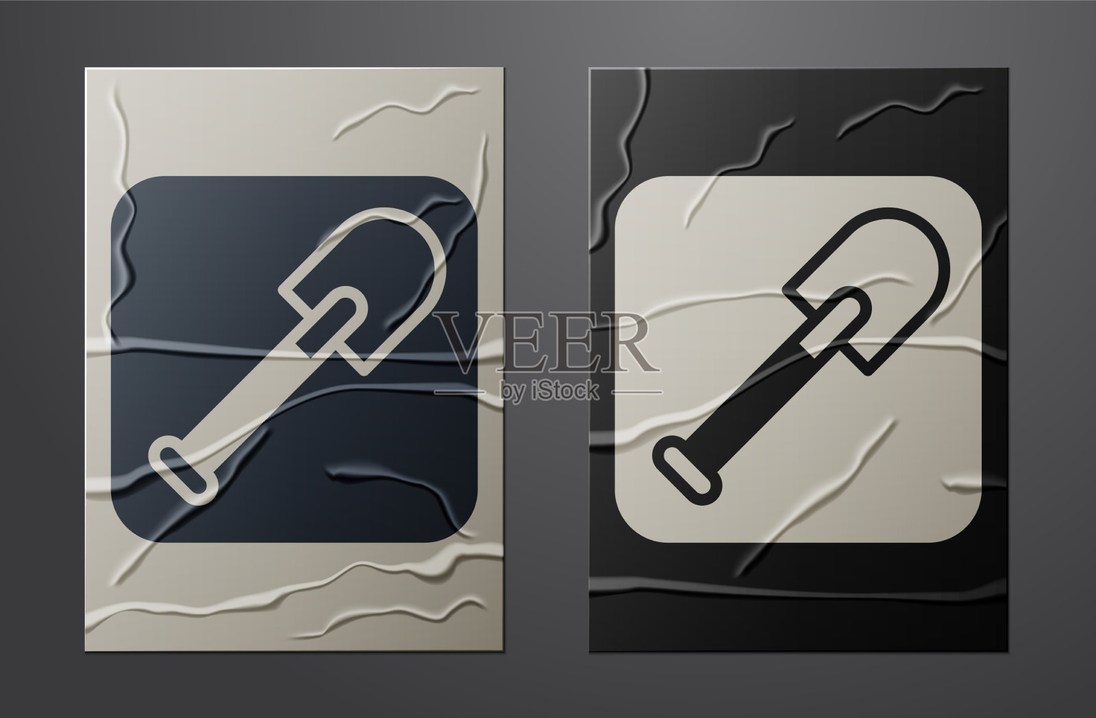 白色铲图标孤立在皱巴巴的纸上插画图片素材