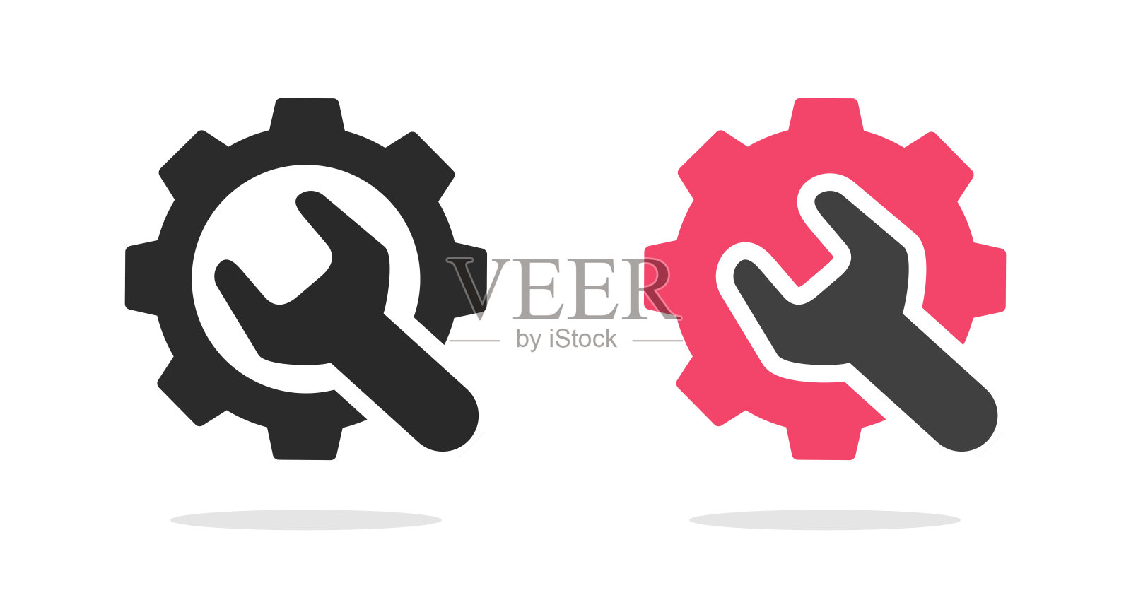 修理修理帮助标志图标设置或齿轮维护定制机械标志与扳手和齿轮形状图形，执行开发工程服务标志形象图标素材