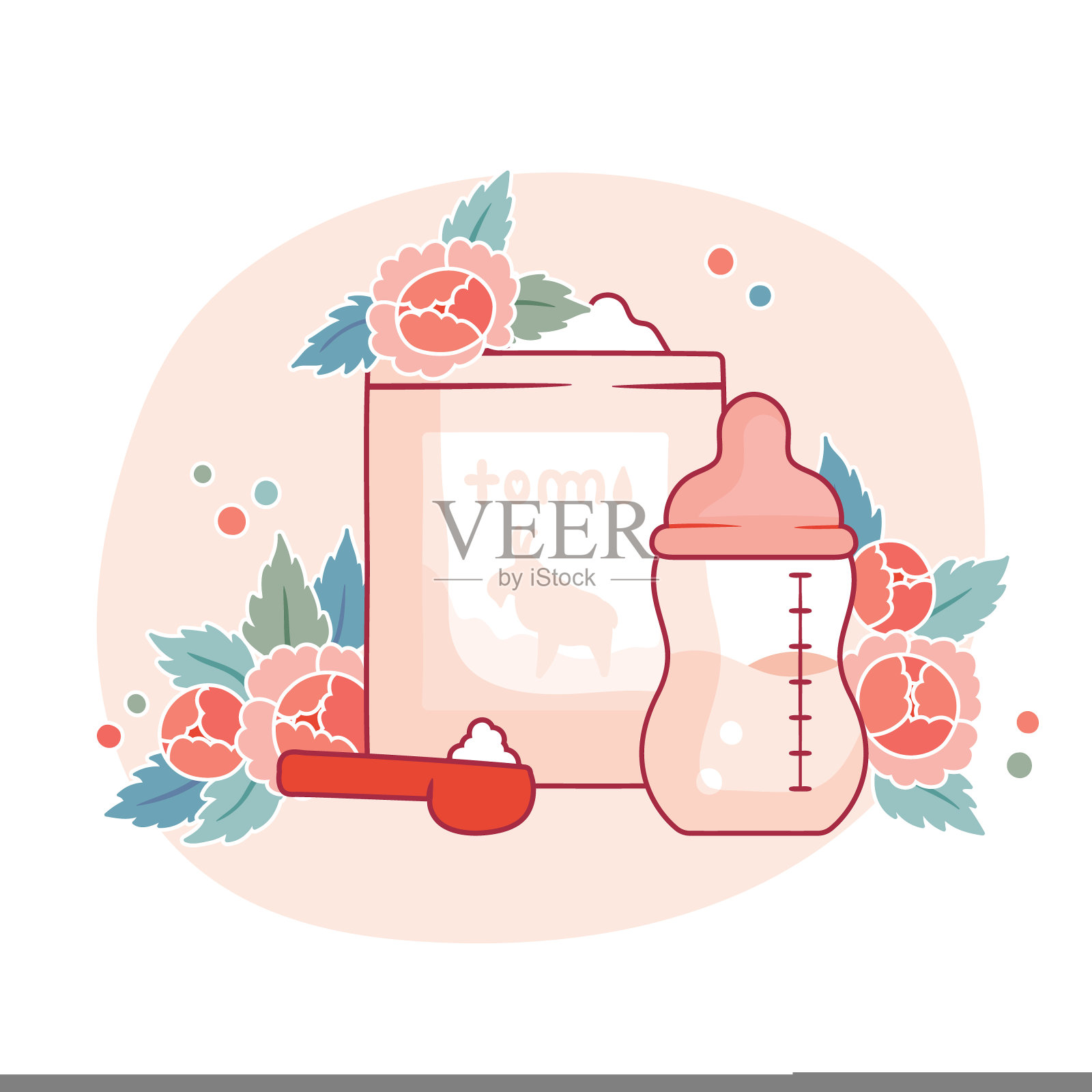 插图与婴儿奶瓶，干婴儿配方奶粉和鲜花插画图片素材