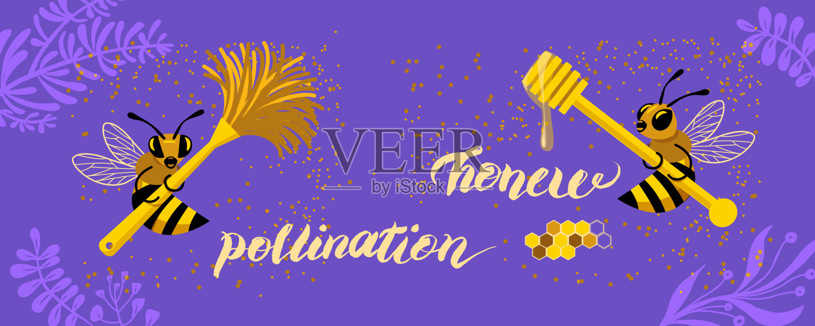 两只蜜蜂正拿着蜂蜜匙和授粉刷插画图片素材