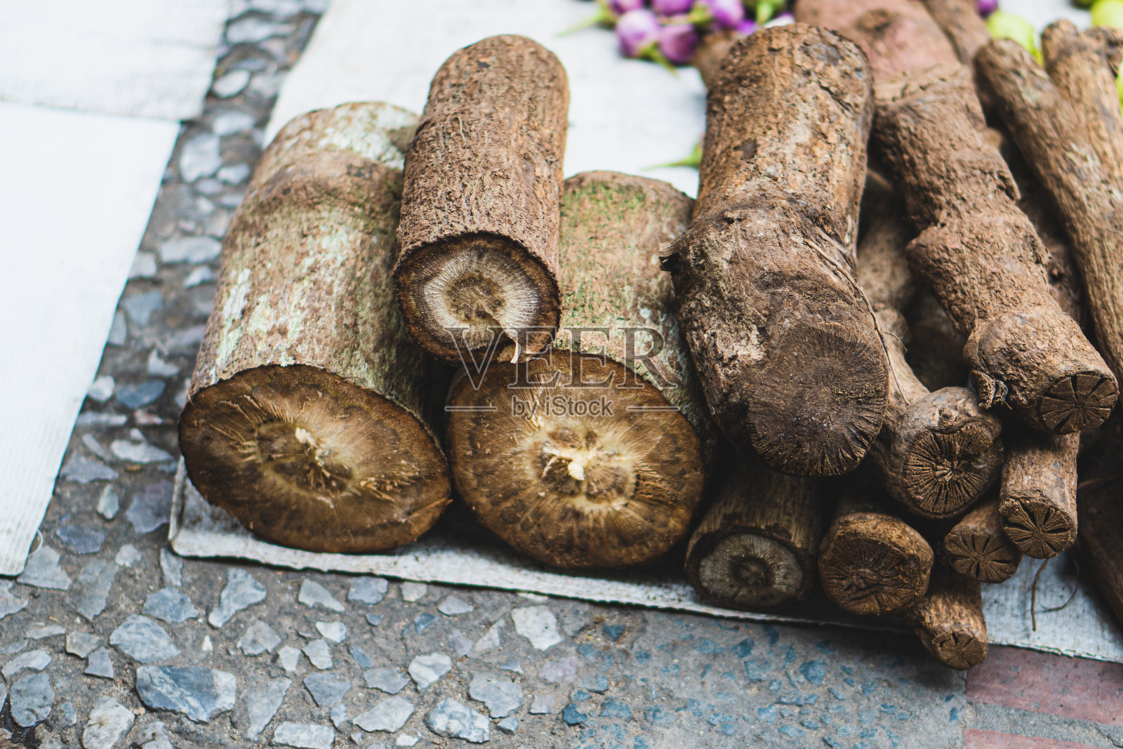 老挝，琅勃拉邦早市的当地食材“沙汗”。照片摄影图片