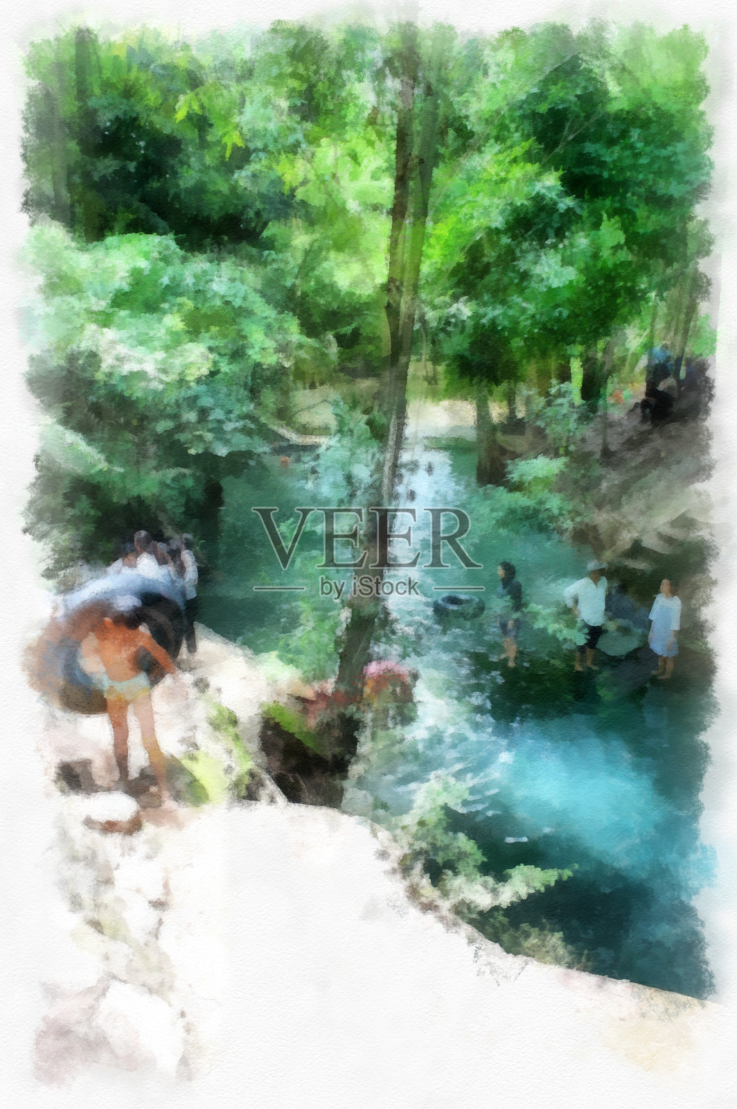 溪流在自然森林有一个清澈的绿色的水，人们游泳在水彩风格插图印象派绘画。插画图片素材