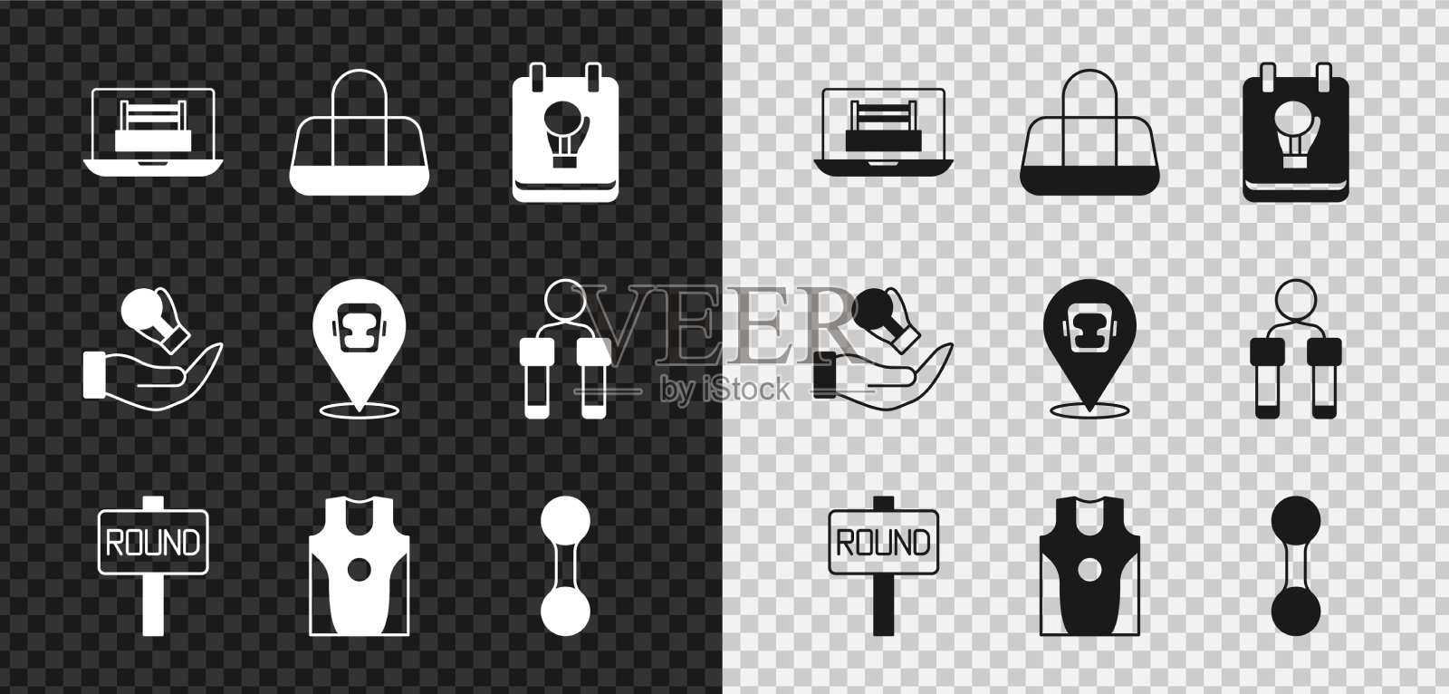 设置拳击台运动袋手套板球衣图标素材