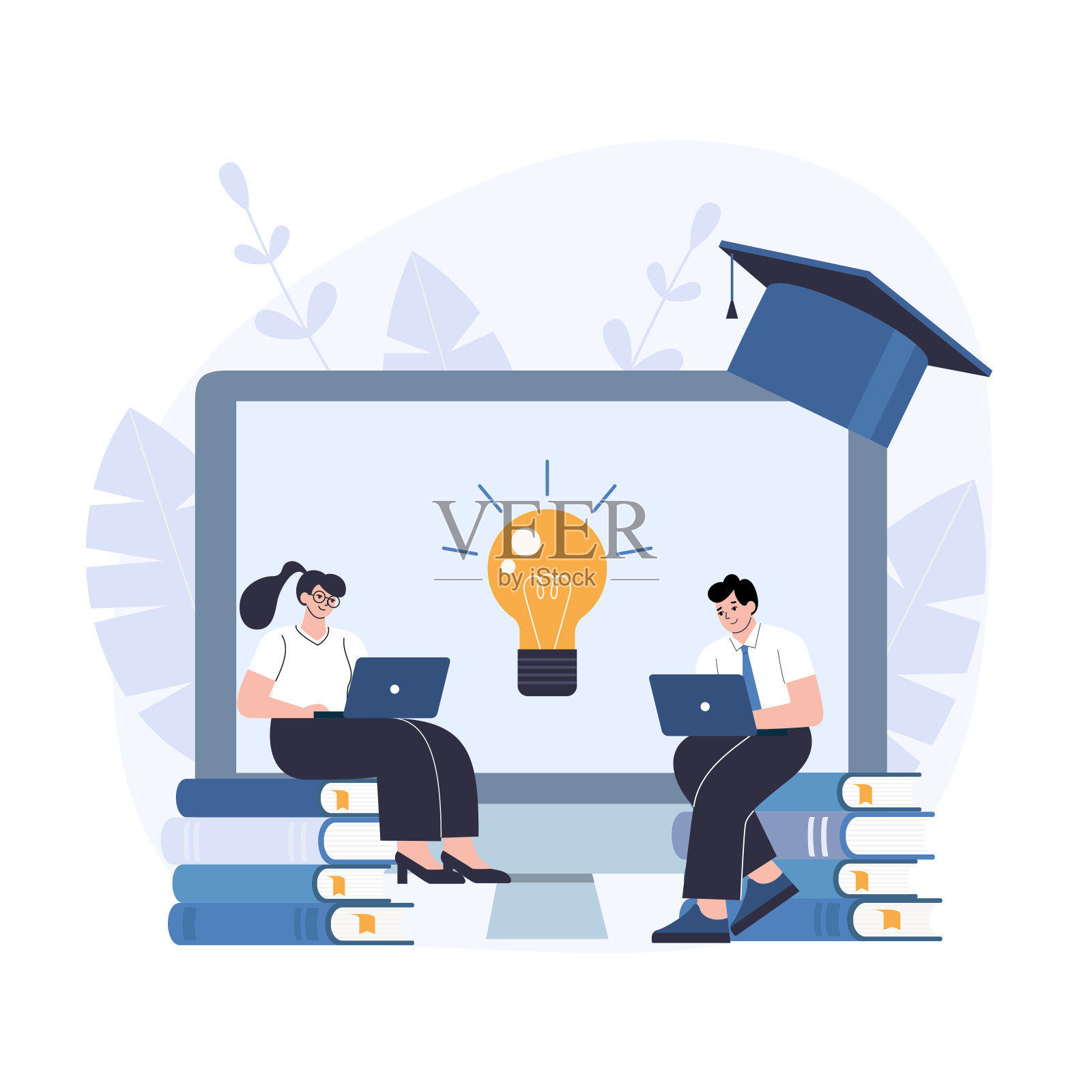 女人和男人把笔记本电脑放在书本上。在线教育的概念。插画图片素材