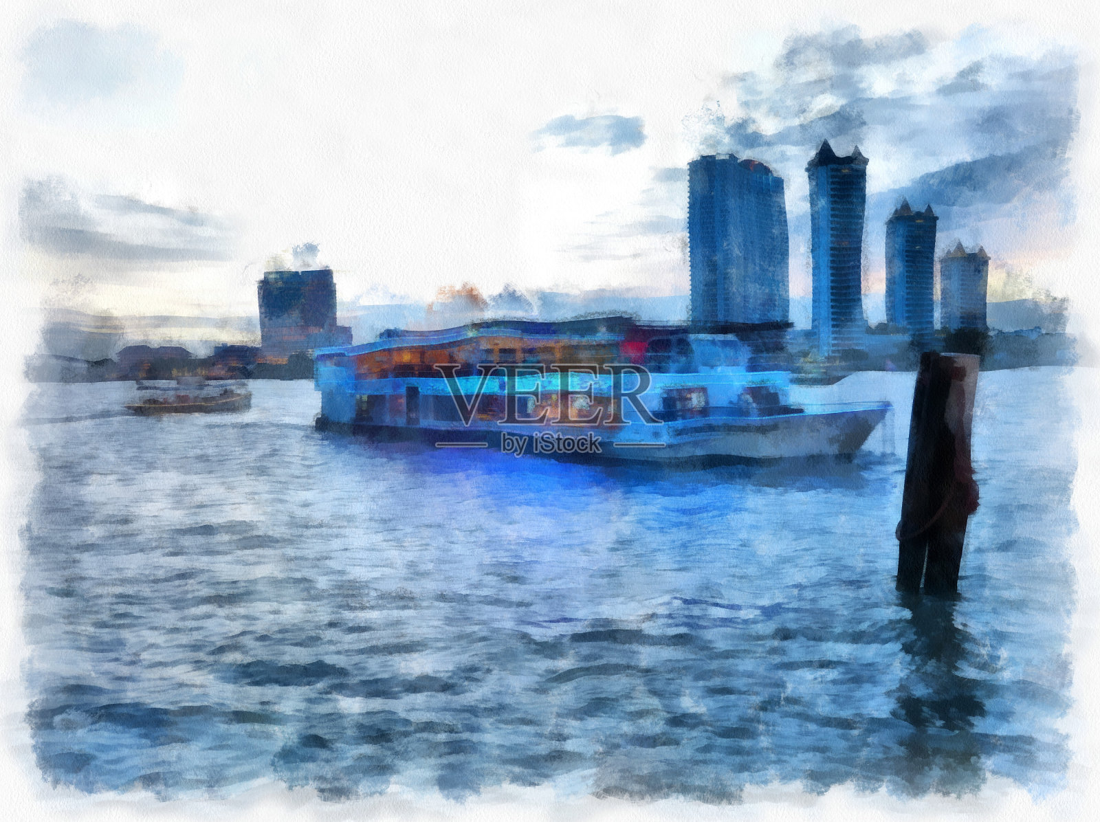 湄南河景观，泰国曼谷水彩风格插图印象派绘画。插画图片素材