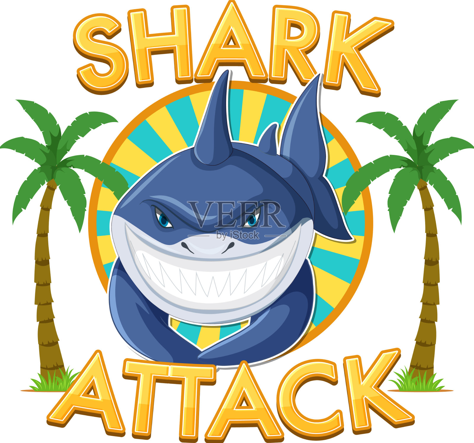 鲨鱼攻击图标与可爱的鲨鱼卡通设计元素图片