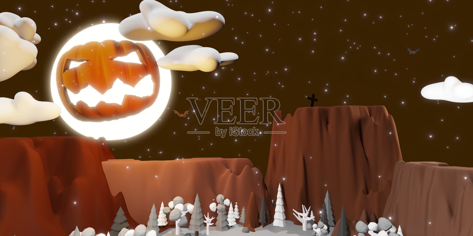 万圣节背景南瓜在天空和满月3D插图照片摄影图片