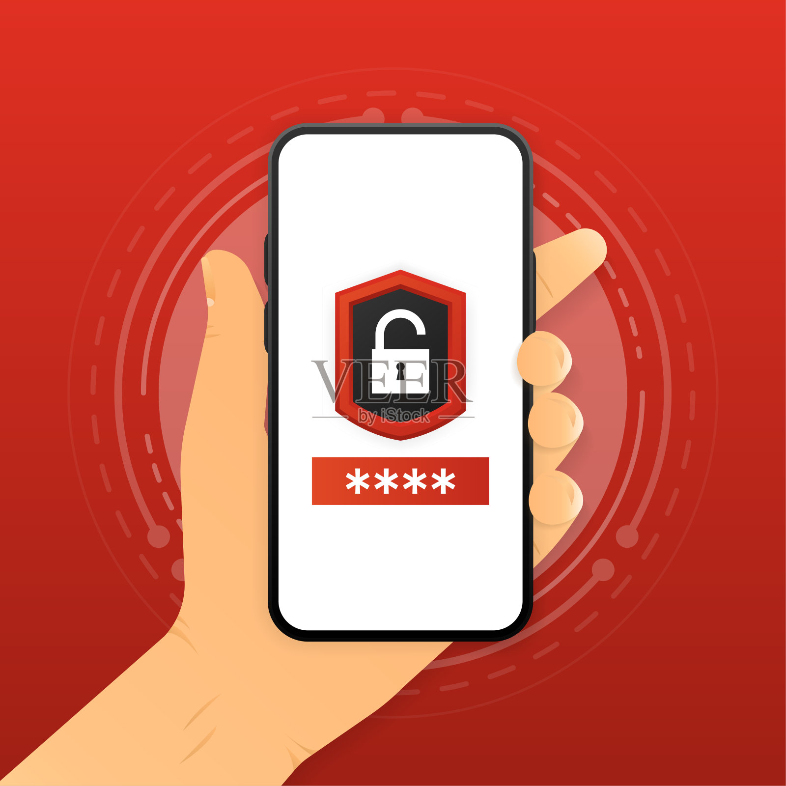 带有安全密钥的手持智能手机。带有安全密钥的移动概念。矢量插图。插画图片素材