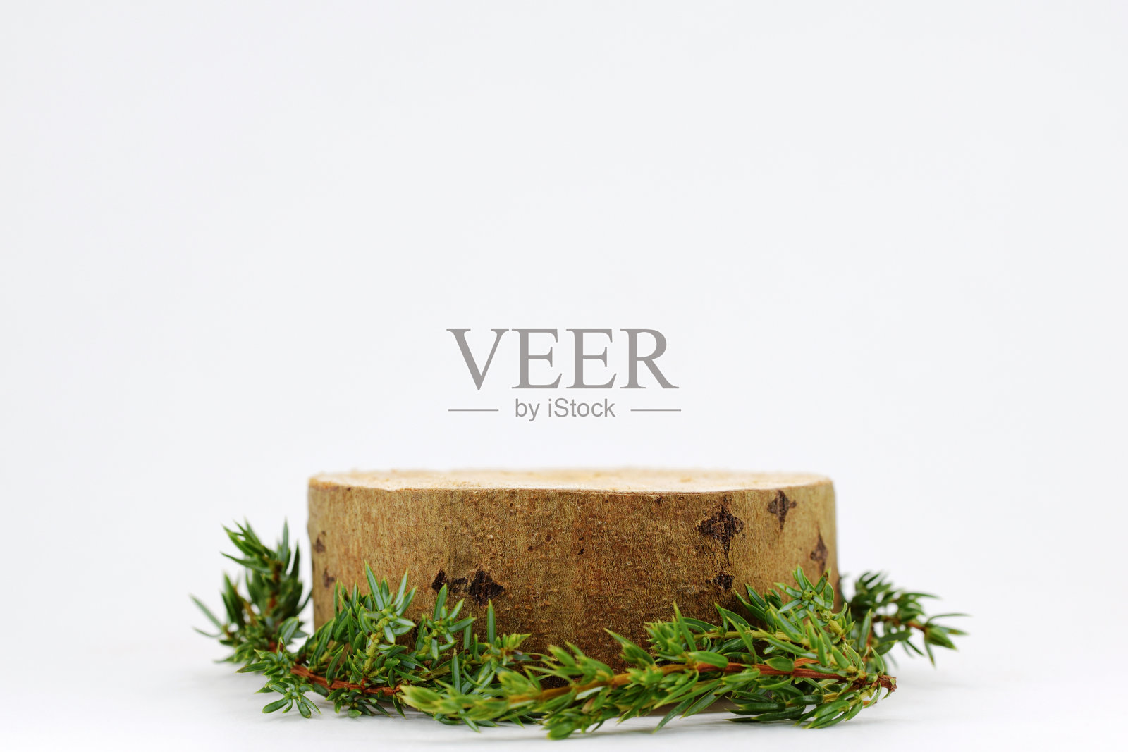 木制切割平台和杜松枝在白色的背景照片摄影图片