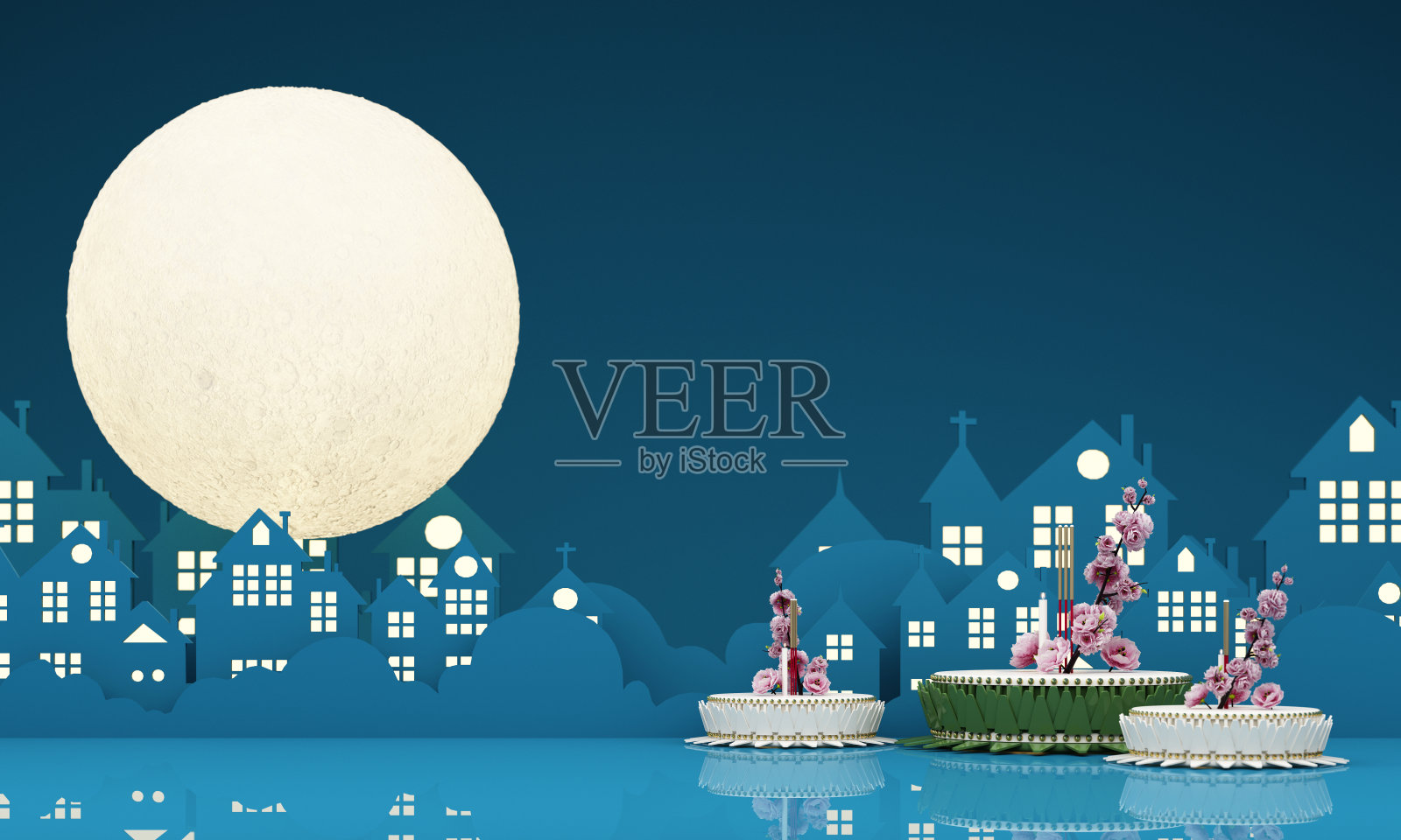 泰国泼水节。芭蕉叶材料和粉色莲花设计与满月泰国寺庙和房子在晚上河紫色和蓝色的背景。3 d渲染图照片摄影图片