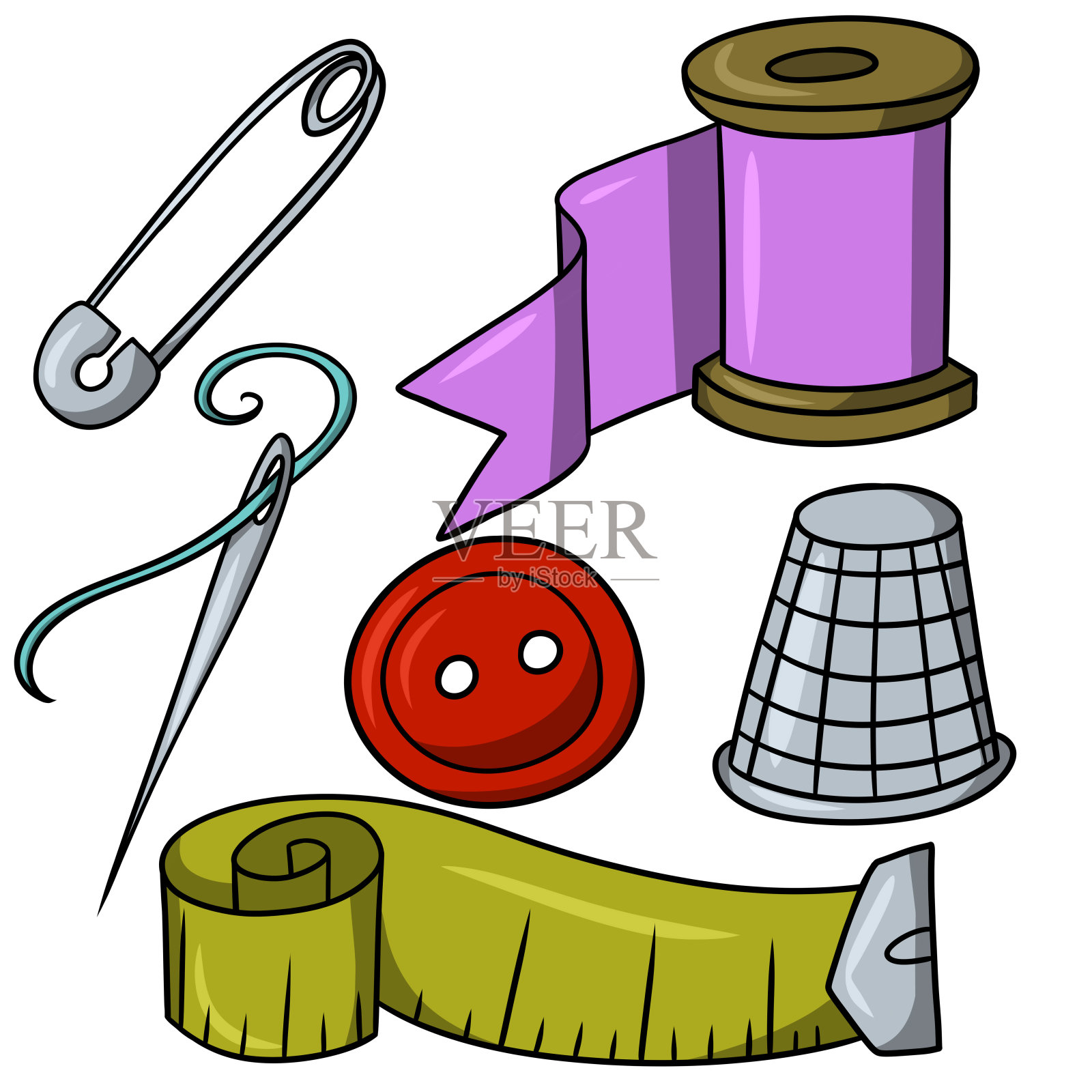 一套各种材料的针线活和手工产品的创作，卡通风格的形象插画图片素材