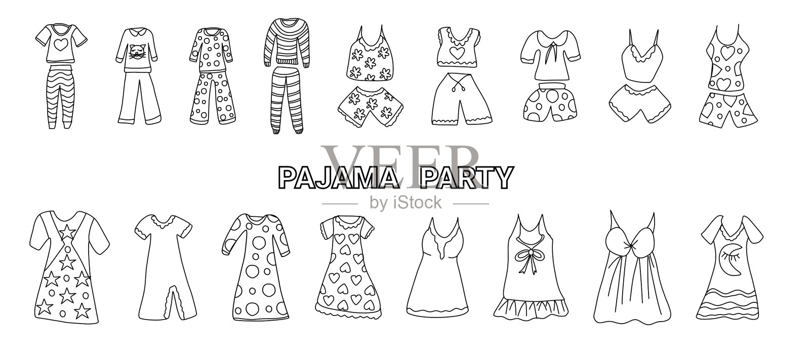 矢量模板儿童睡衣派对。一套有趣的睡衣和睡袍。睡衣派对邀请。矢量插图的手绘元素在线性涂鸦风格。水平的作文设计元素图片