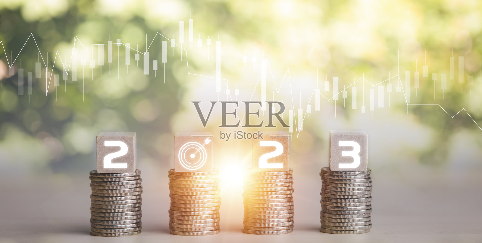 硬币堆叠和数字2023在方木和自然背景的图标，金钱支出计划，植物生长在硬币和投资预算，为未来准备，新的一年照片摄影图片