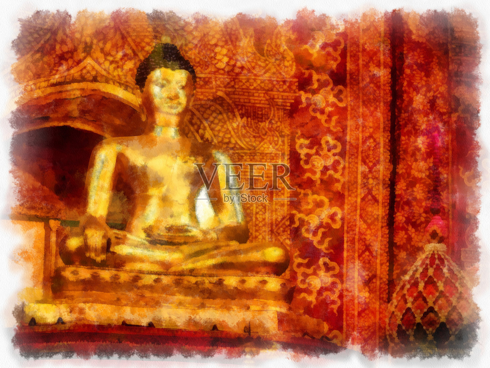 泰国北部古代建筑水彩风格插图印象派绘画。插画图片素材