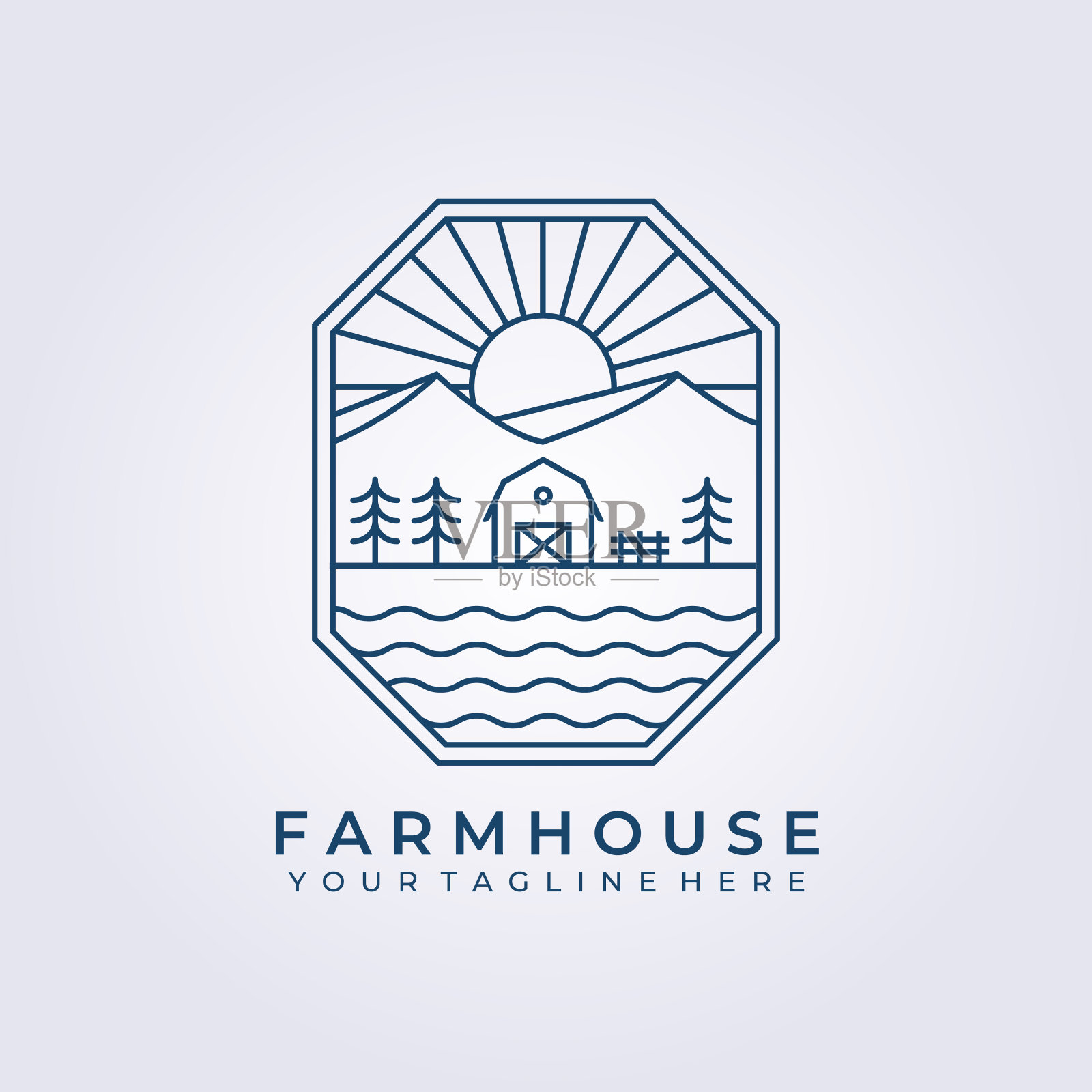 谷仓房子常绿农场土地标志矢量图标线艺术简单的插图设计框架标志徽章徽章徽章插画图片素材