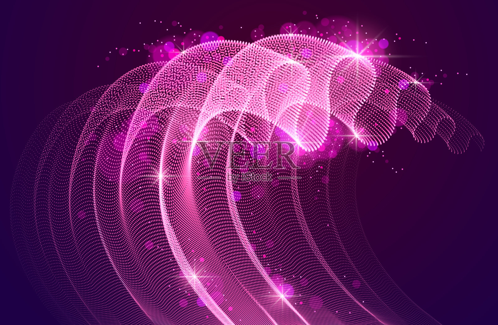 魔术粒子阵列在黑暗中流动，动态波透明薄纱纺织上的风。3 d矢量插图。网眼圆点，美丽放松墙纸插图。插画图片素材