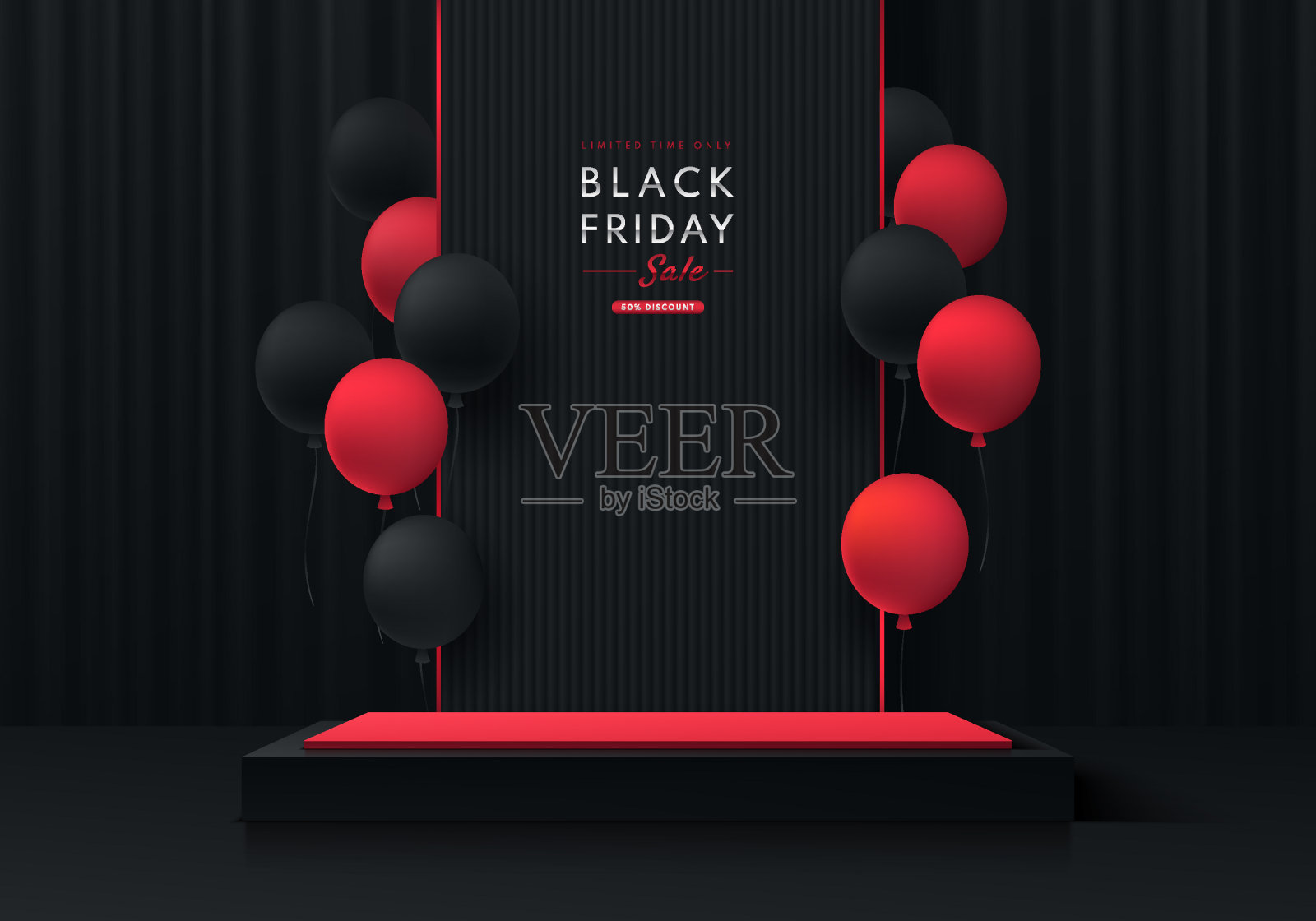 逼真的3D黑色，红色立方体盒子基座基座与黑色窗帘背景和红色气球。黑色星期五促销概念，矢量抽象最小场景产品舞台展示，促销展示。设计模板素材