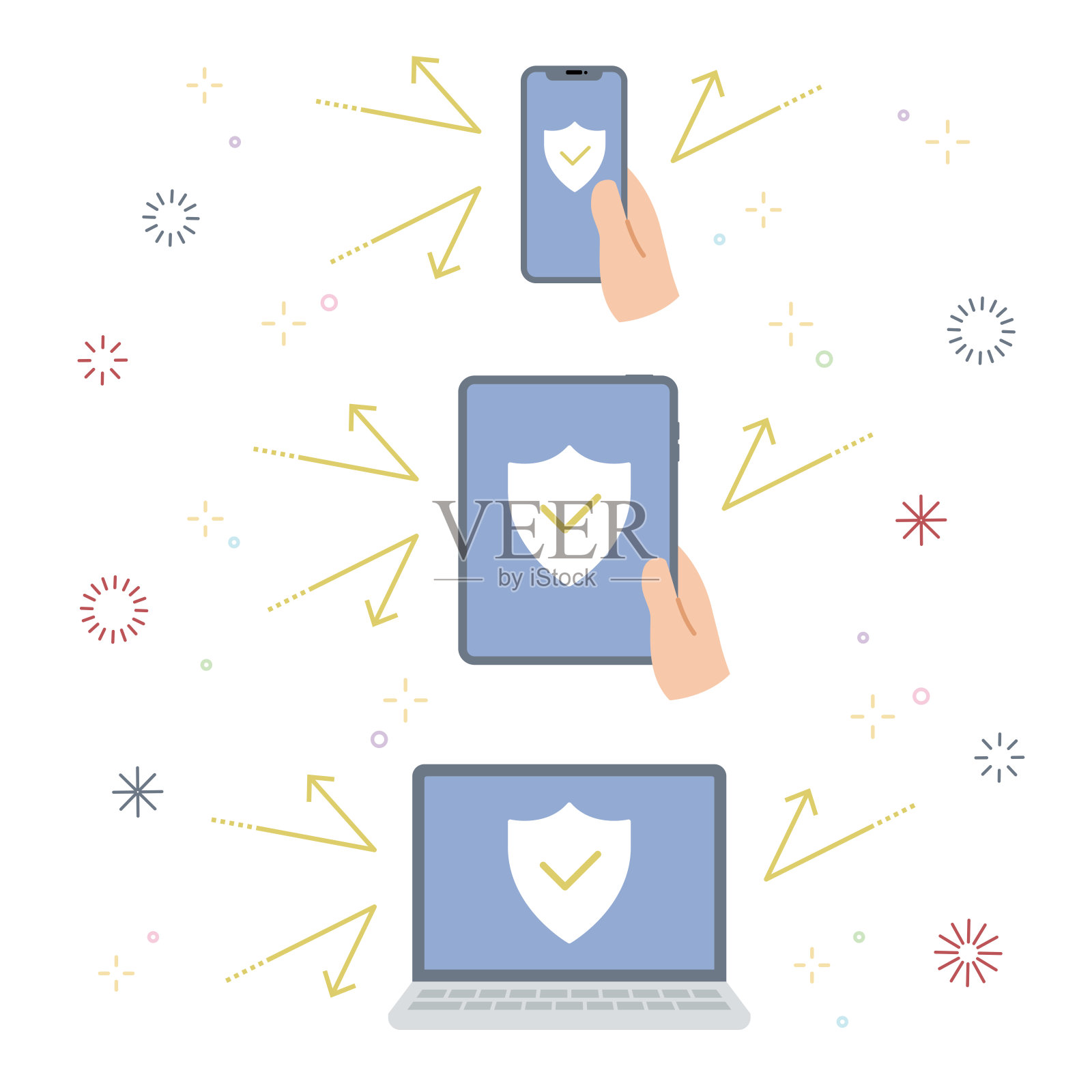 智能手机、平板电脑和个人电脑等数字设备的网络安全插画图片素材