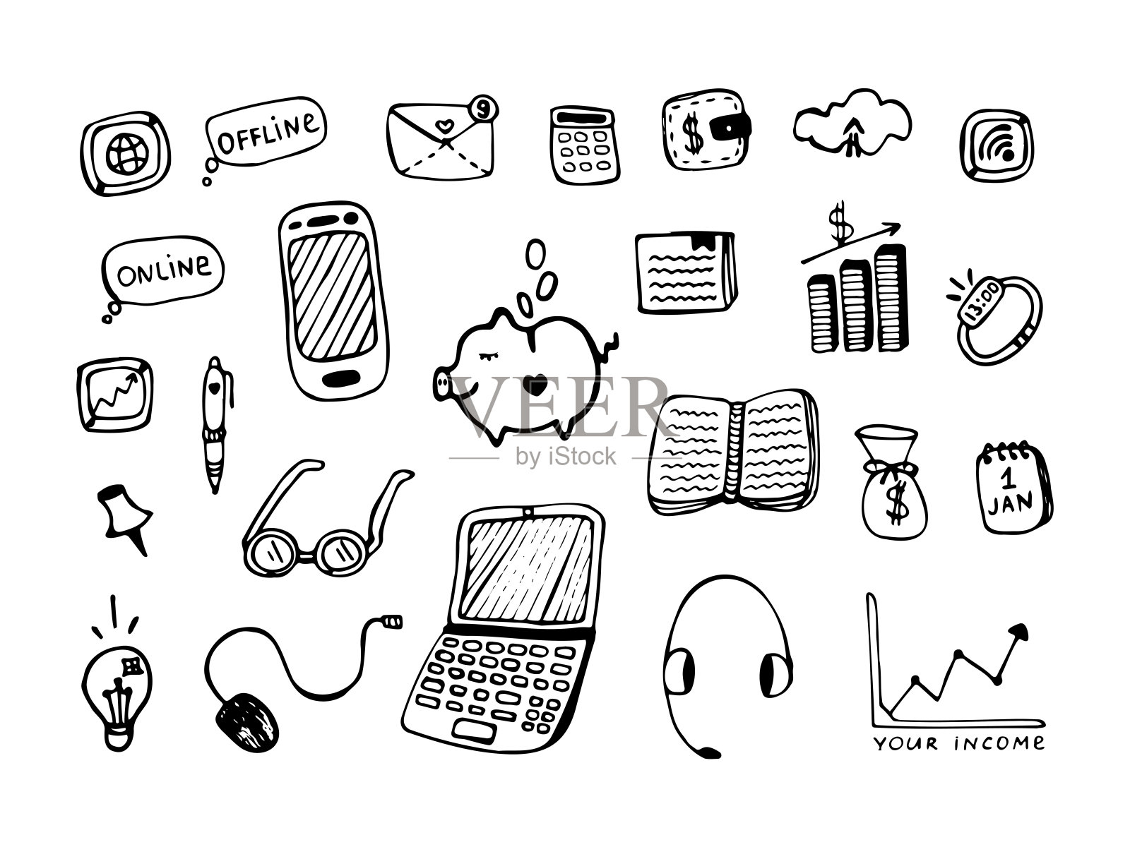 收入涂鸦，黑色轮廓套装插画图片素材