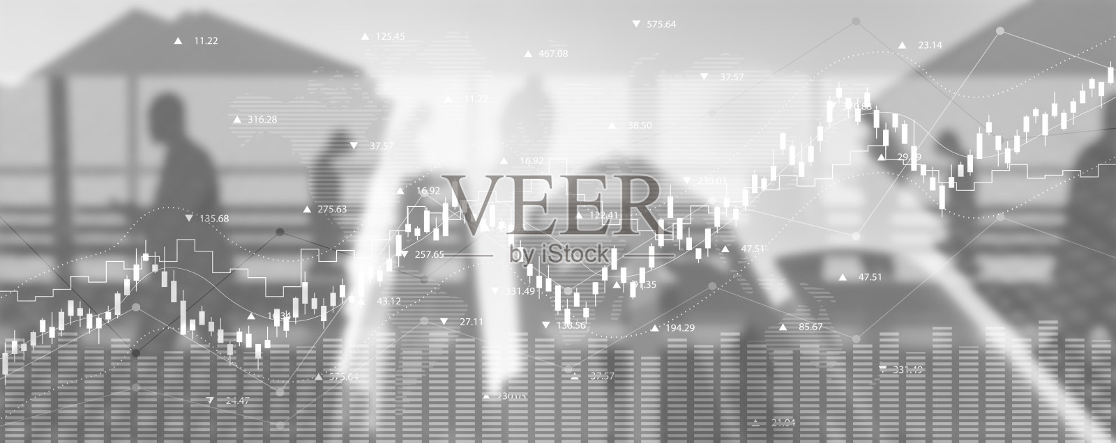 金融图表与上升线图的股票市场和人的城市景观背景照片摄影图片