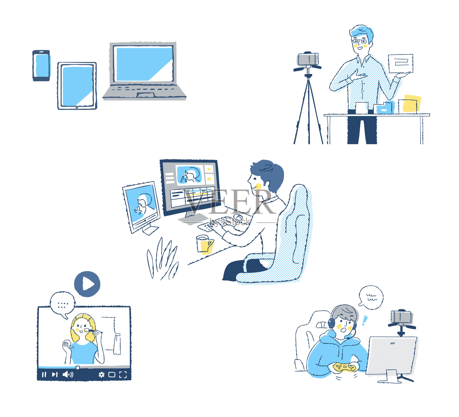 一组不同的视频交付场景插画图片素材