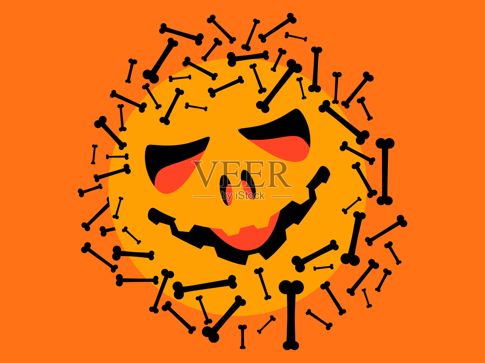 10月31日万圣节快乐，不给糖就捣蛋。万圣节用散落的骨头雕刻脸。邪恶恐怖的脸。设计贺卡，海报和横幅。矢量图插画图片素材