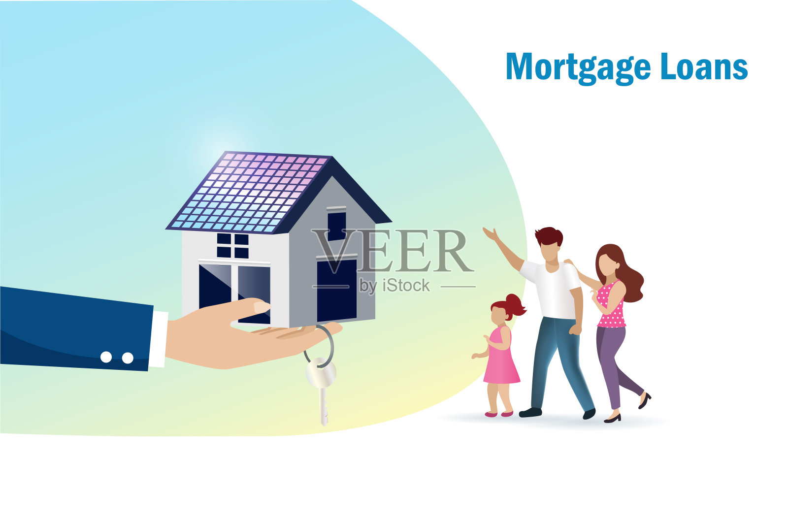 住房贷款，按揭贷款，房地产，物业审批和再融资概念。中介提供房子和幸福家庭的钥匙。插画图片素材