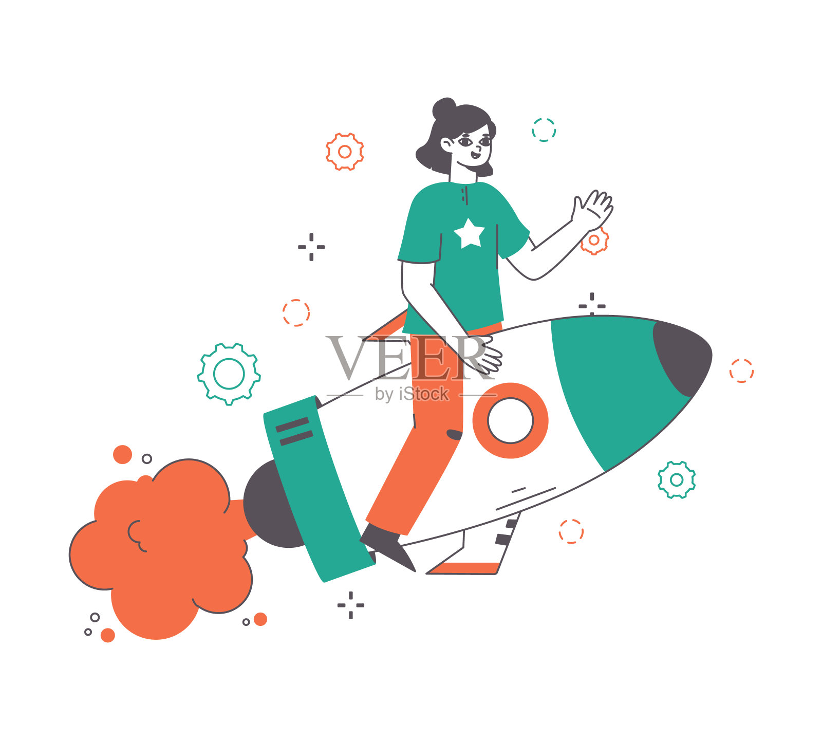 商业女性事业成长，火箭创业理念。女性角色在火箭上飞行，公司发射或职业发展平面矢量插图。商业上的成功插画图片素材