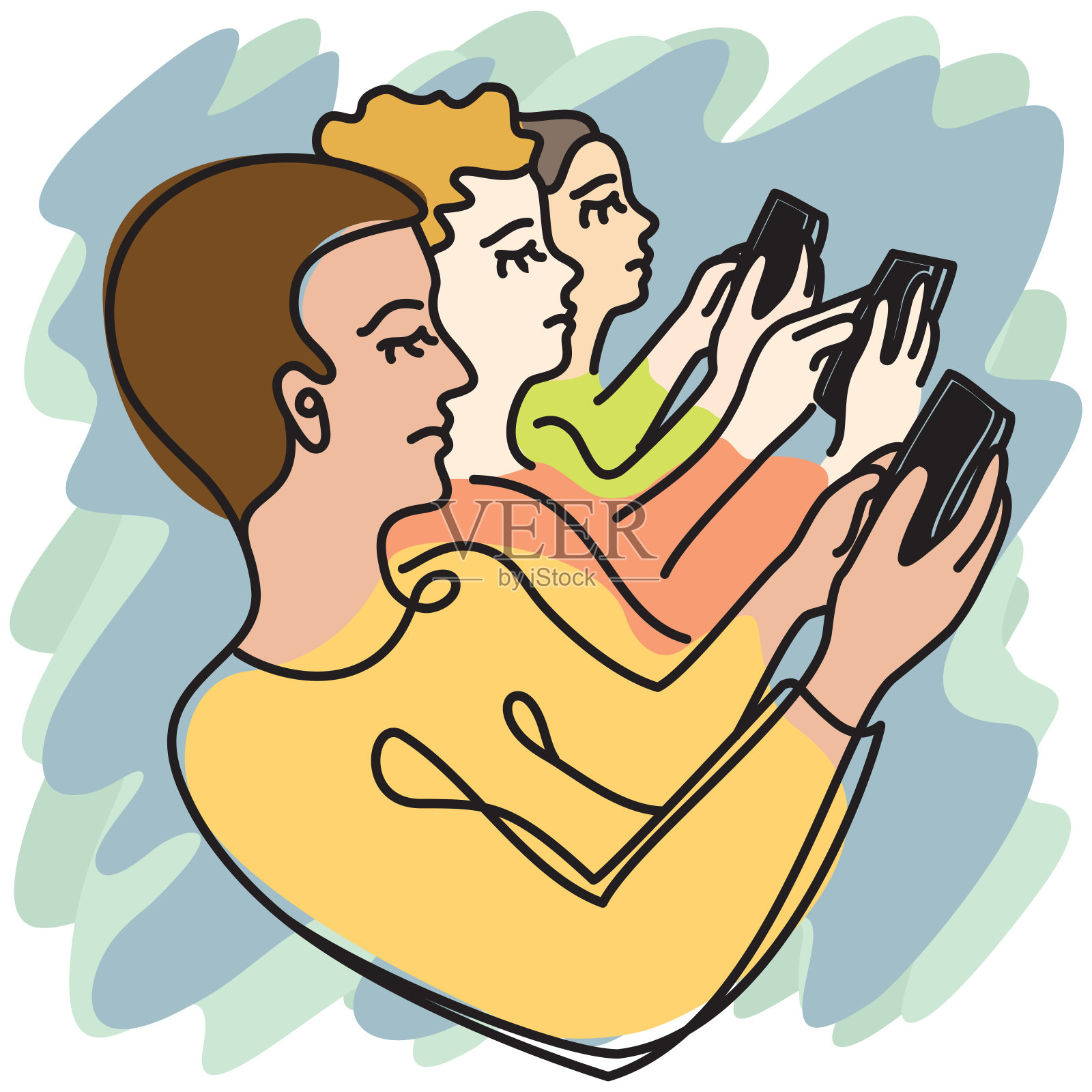 一群人在看他们的智能手机。社交媒体上瘾。插画图片素材