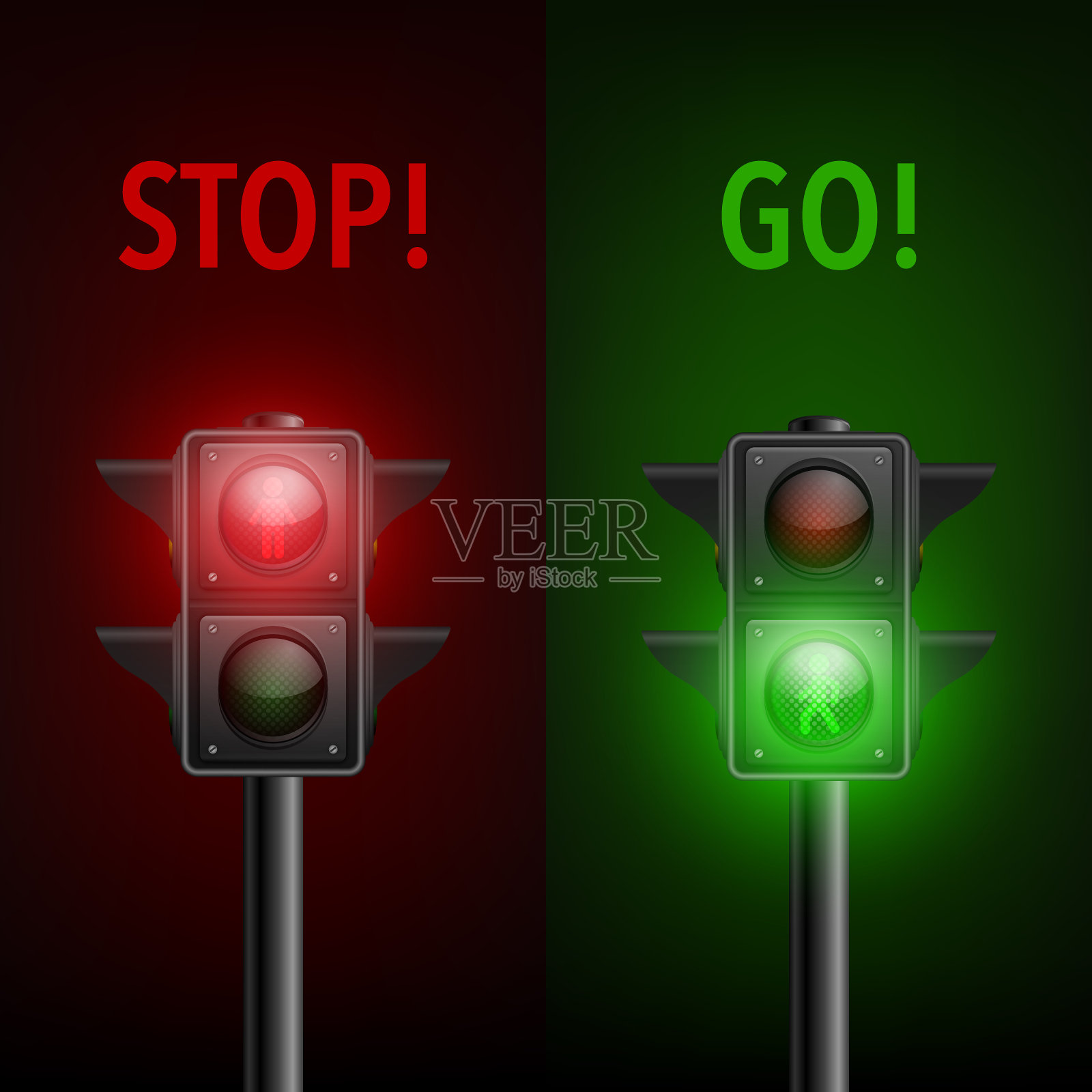 矢量3d逼真详细道路交通灯图标设置隔离。安全规则概念，设计模板。红绿灯，打开红绿灯和黄灯。行人交通灯设计元素图片