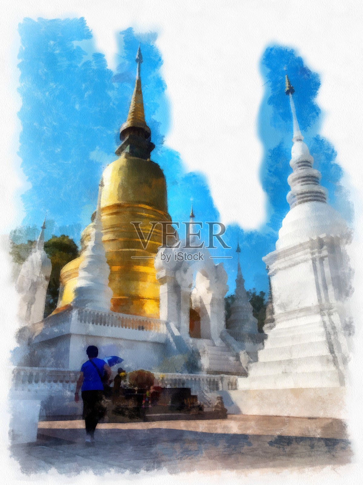 清迈古建筑委员会的山水风景和泰国旅游景点的水彩风格插画印象派绘画。插画图片素材