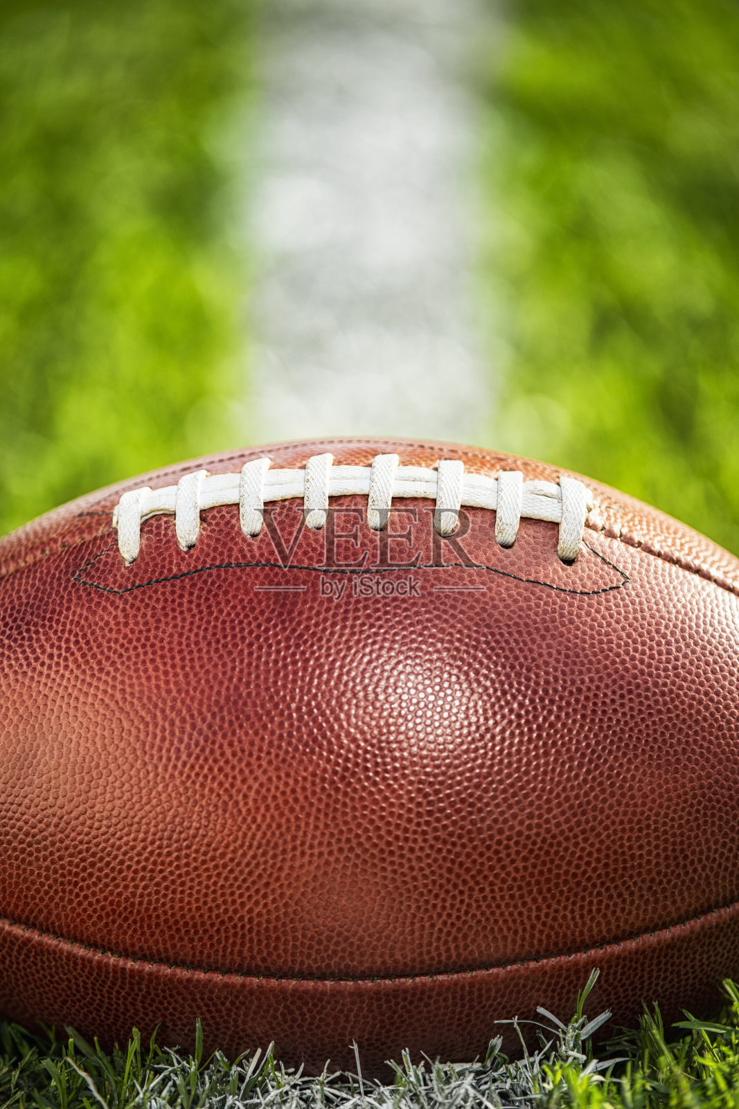 一个美国橄榄球的特写坐在白色的院子线上照片摄影图片