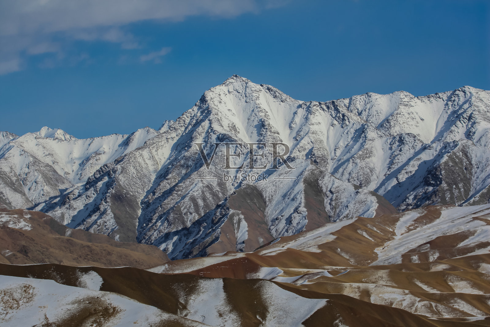 这个多山国家的岩石、山峰、山脊和山坡的积雪和冰川。照片摄影图片
