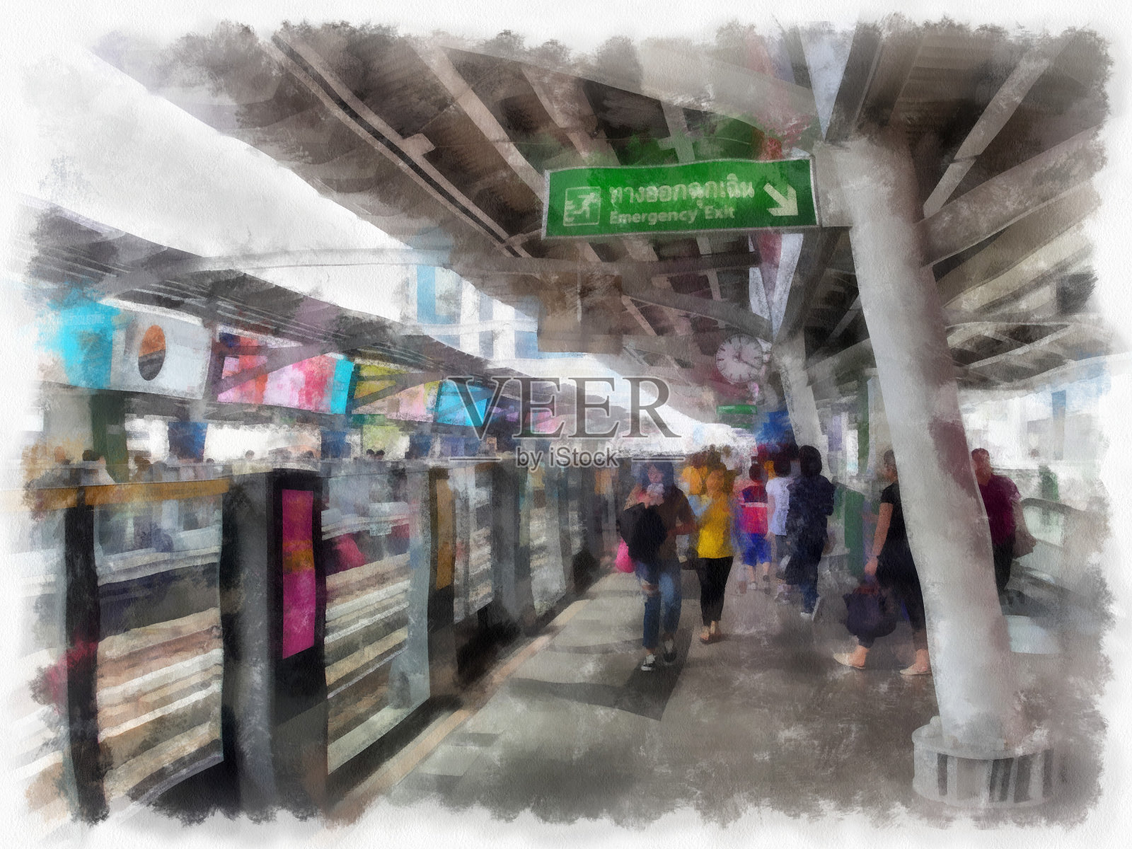 城市火车站景观水彩画风插图印象派绘画。插画图片素材