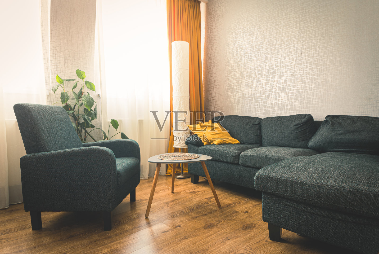 舒适的公寓客厅，有沙发和黄色枕头，有风格的桌子，花旁边有书，冬天有窗外的蓝光。灰色扶手椅，墙纸背景照片摄影图片