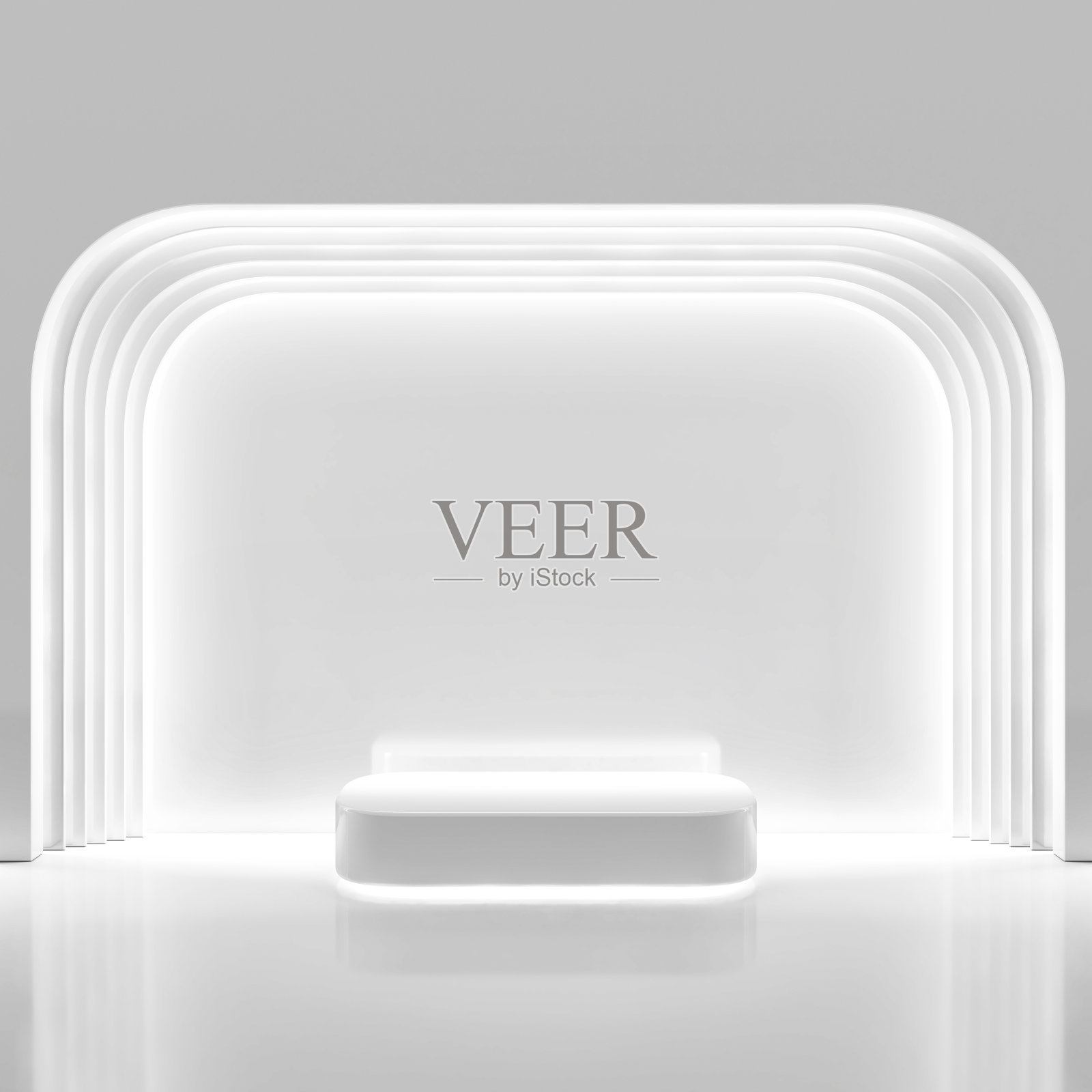 拱门白色平台讲台荧光灯干净凉爽明亮的实验室。未来的辉光明亮闪烁线性产品展示架。用于美容、化妆品或皮肤护理的底座。照片摄影图片