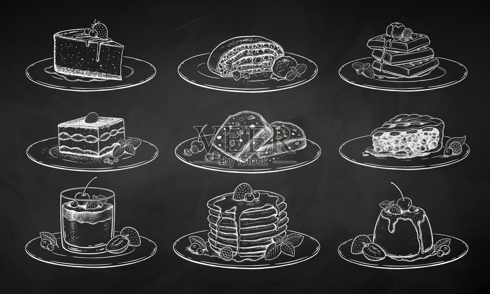 用粉笔画的甜点和蛋糕放在盘子里插画图片素材