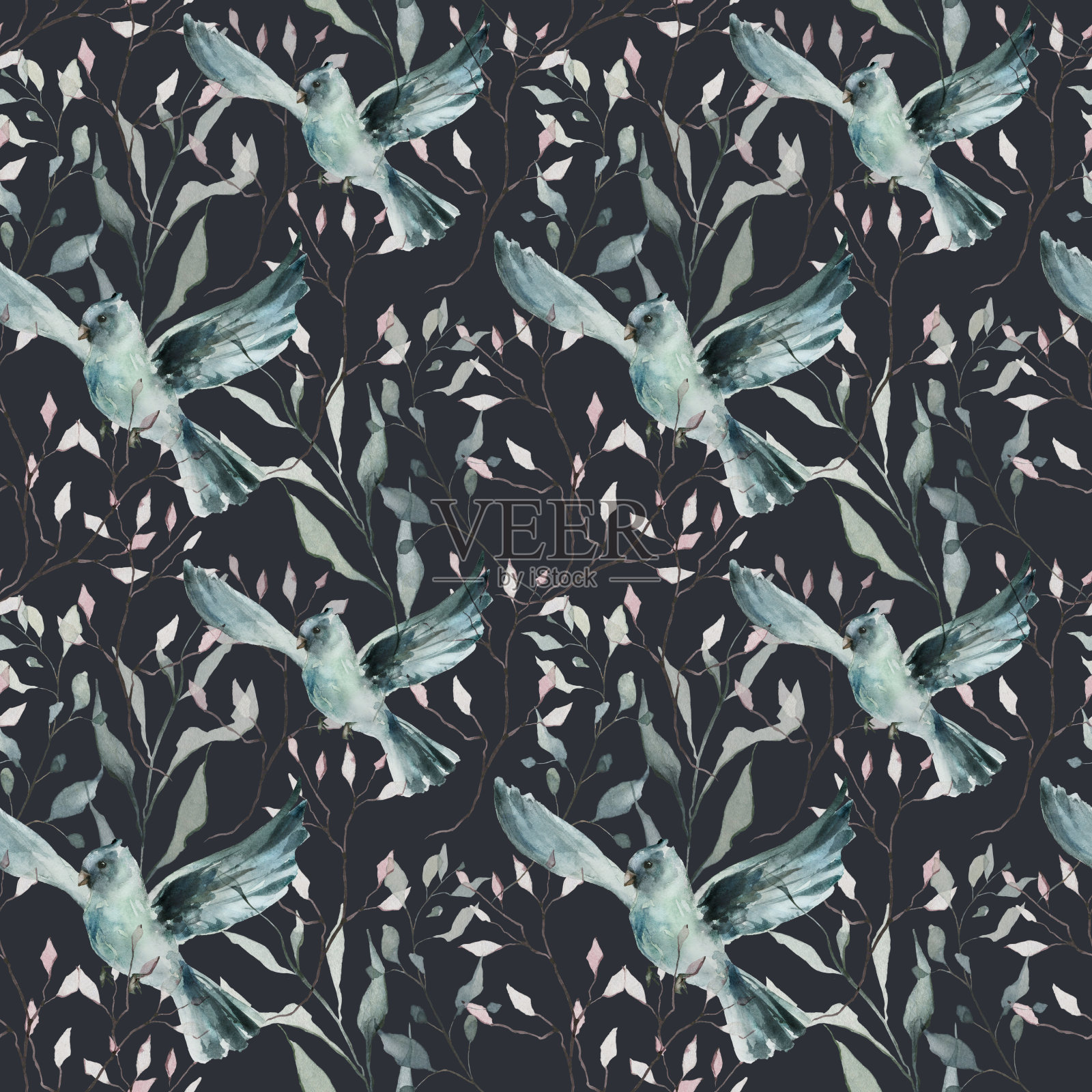 水彩花无缝图案。粉红色和蓝色的树枝和蓝绿色的鸟在深黑的背景。插画图片素材