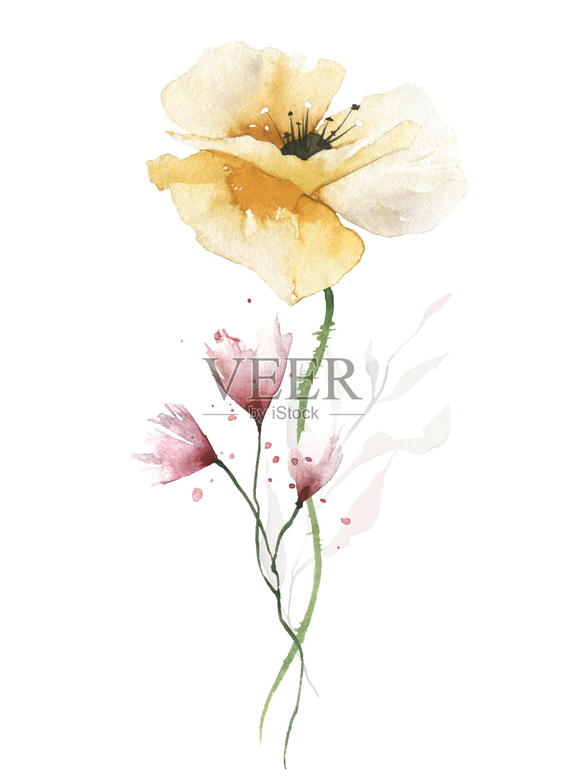 水彩画花花束在白色的背景。蓝色、黄色的野花，绿色的枝叶。插画图片素材